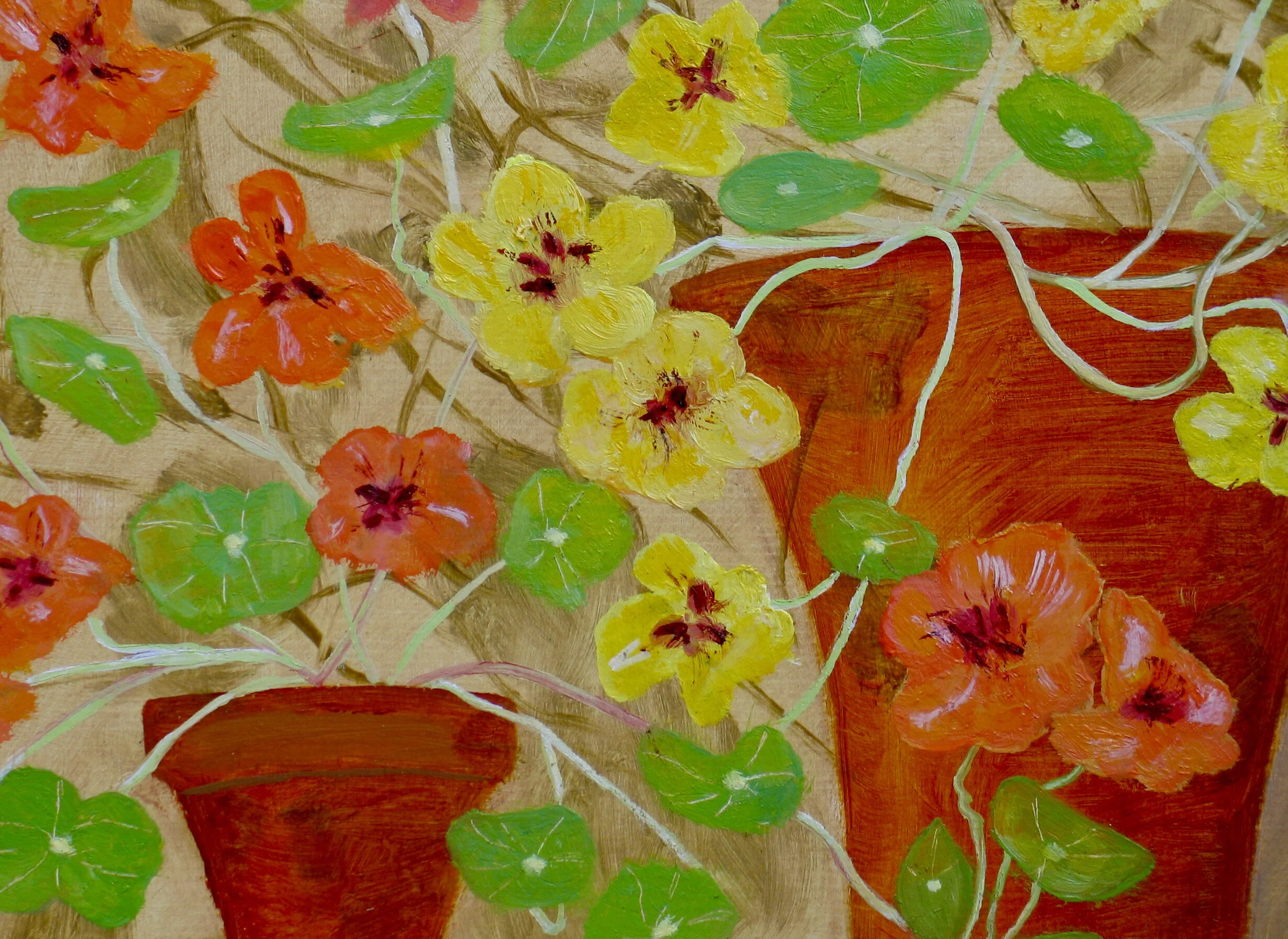 Nasturtiums, detail, oil painting by Cy Pawsey