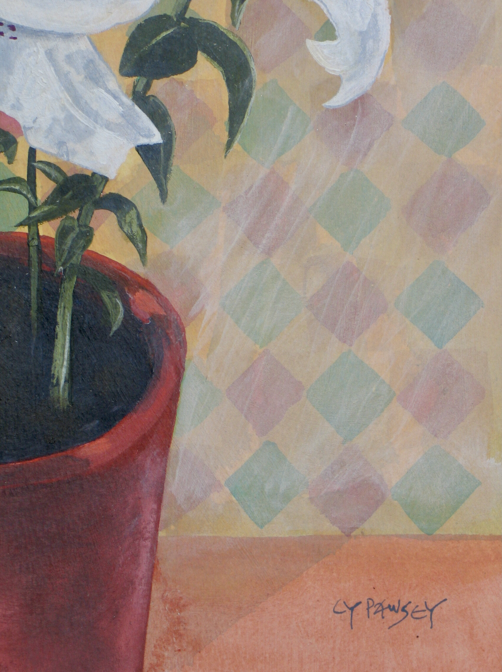Pot with white lily, detail by Cy Pawsey