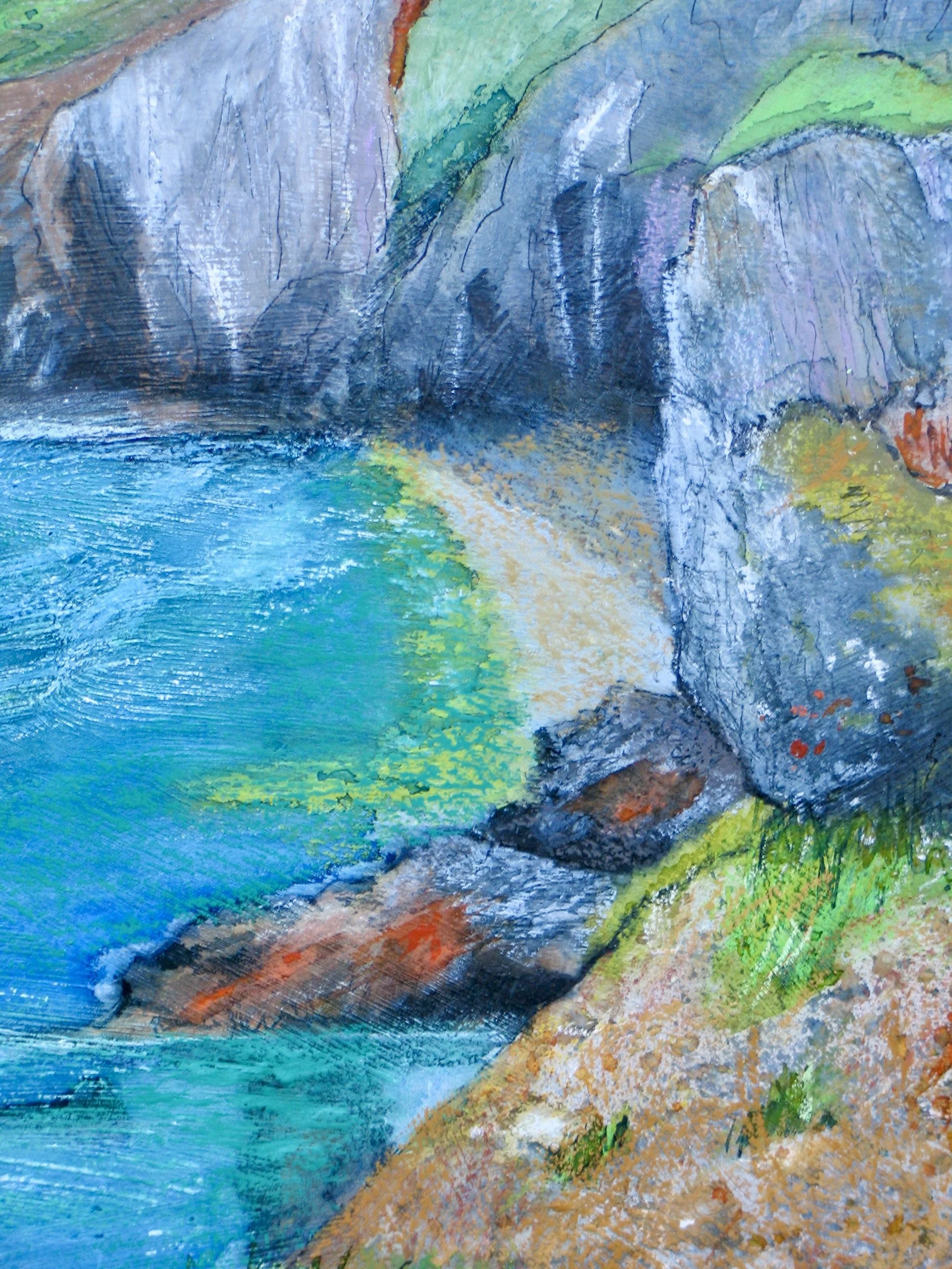Ink and oil pastel painting of Pembrokeshire coast, detail