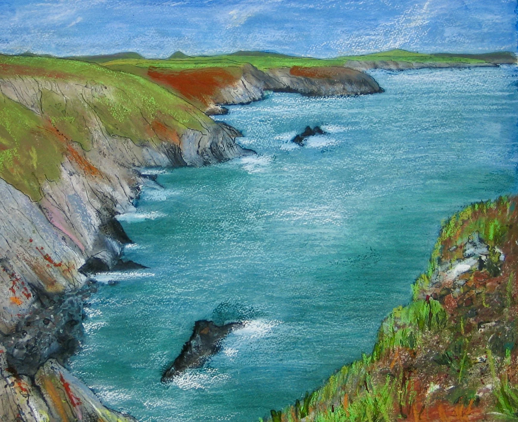 Coastal path Pembrokeshire, ink and oil pastel painting
