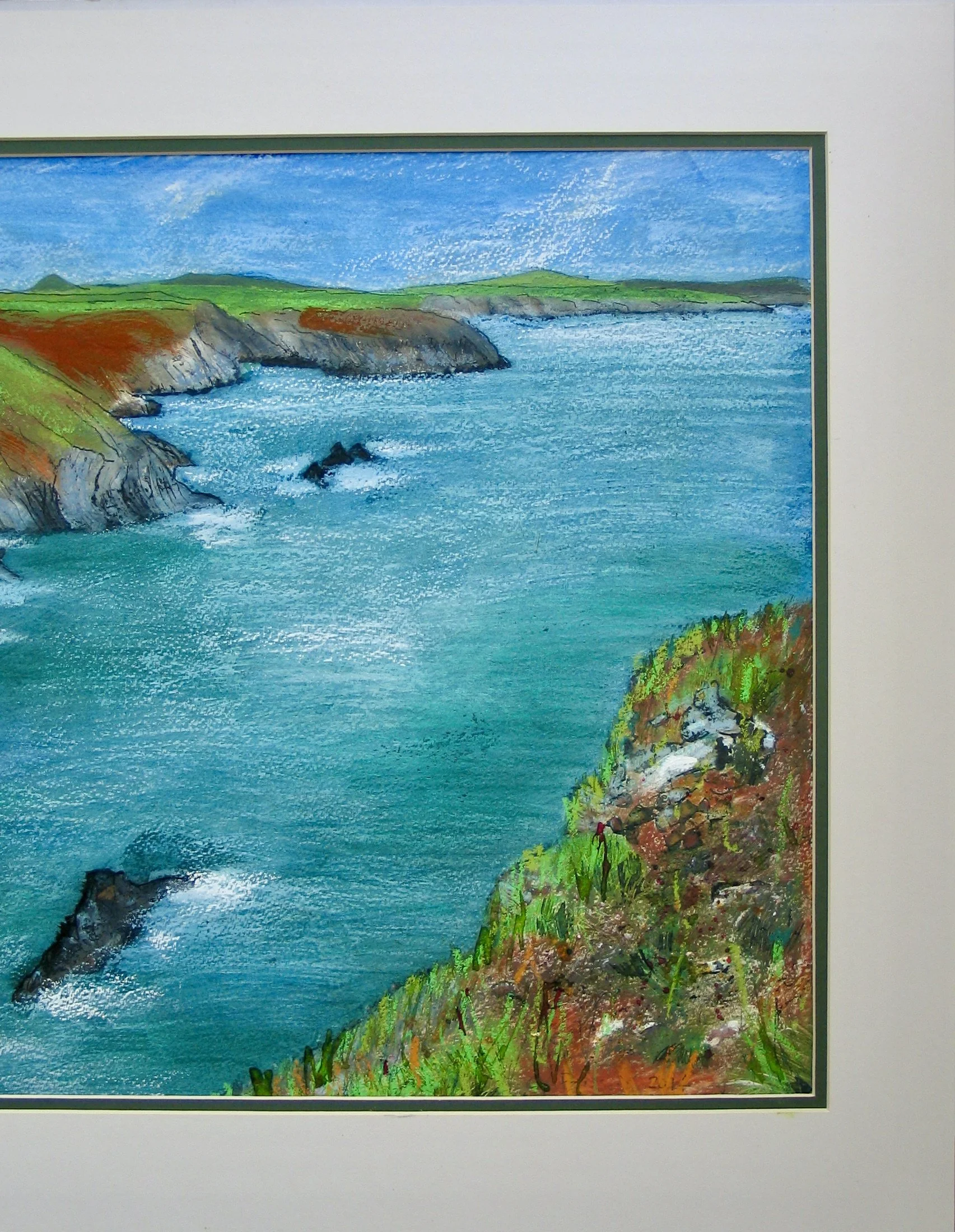 Original seascape painting in ink and oil pastel by Cy Pawsey, detail