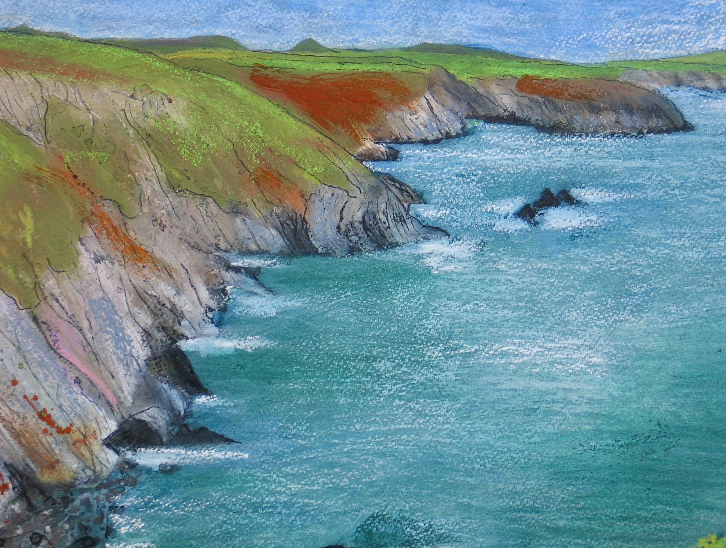 Pembrokeshire painting in ink and oil pastel by Cy Pawsey