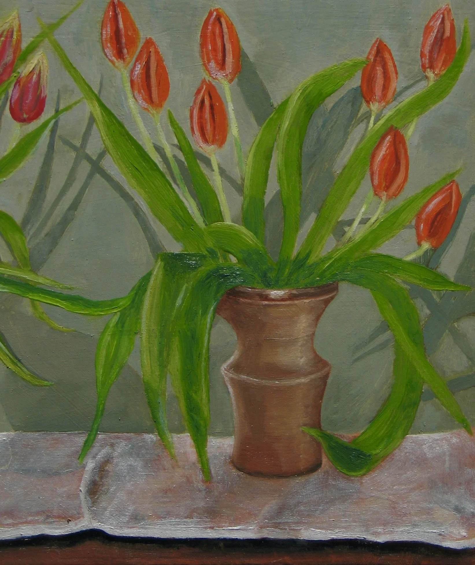 Tulips in studio pots, oil painting by Cy Pawsey