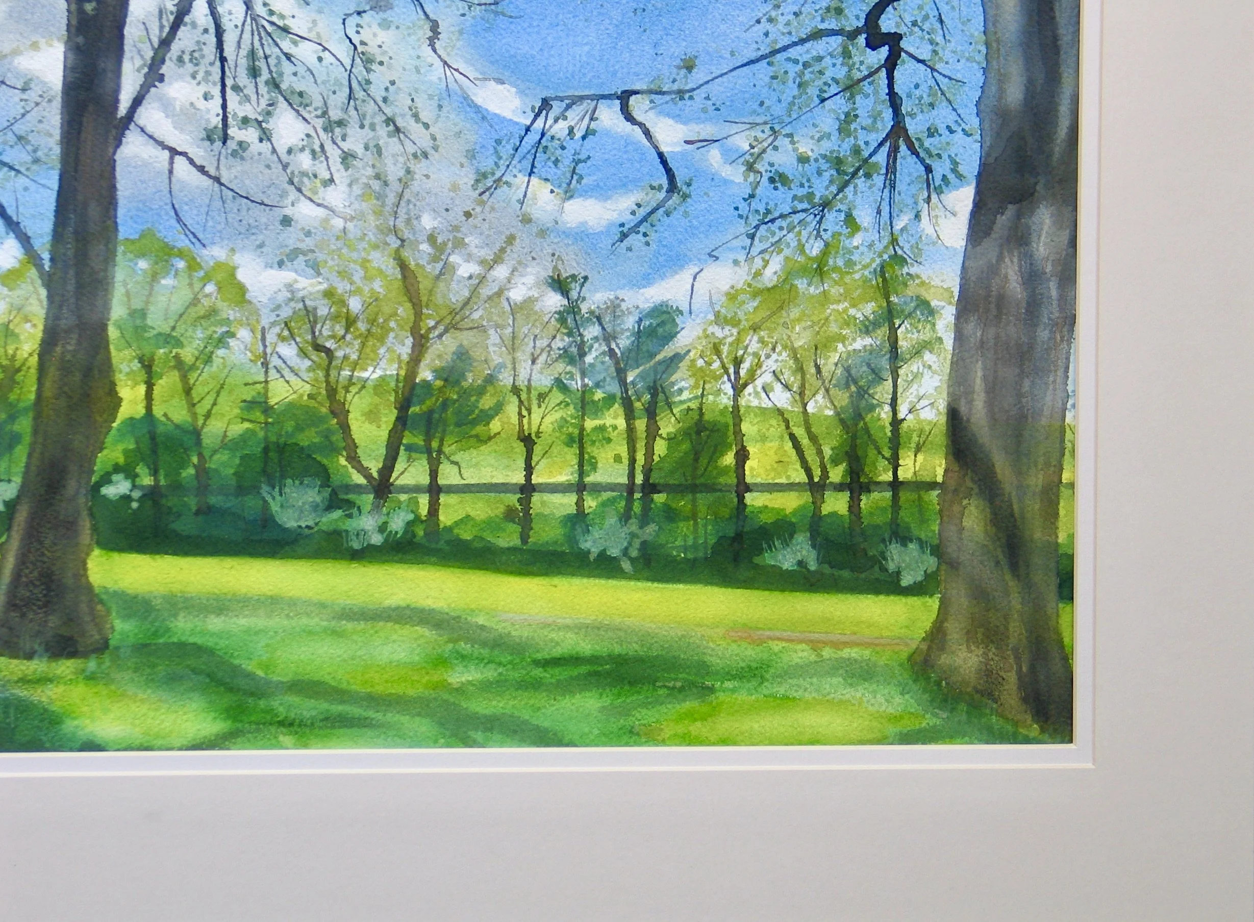 View between trees in Worcester, watercolour detail