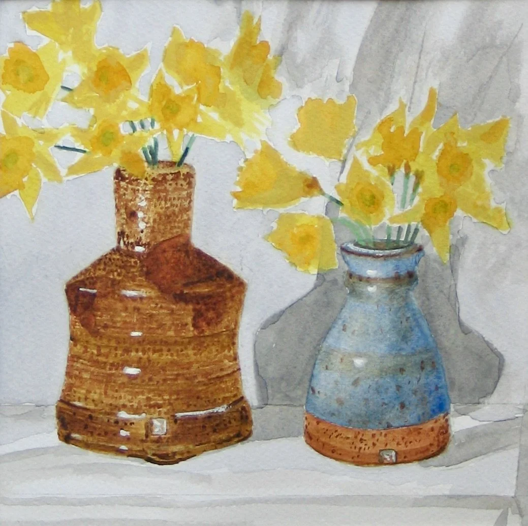 Studio pots with daffodils, watercolour by Cy Pawsey