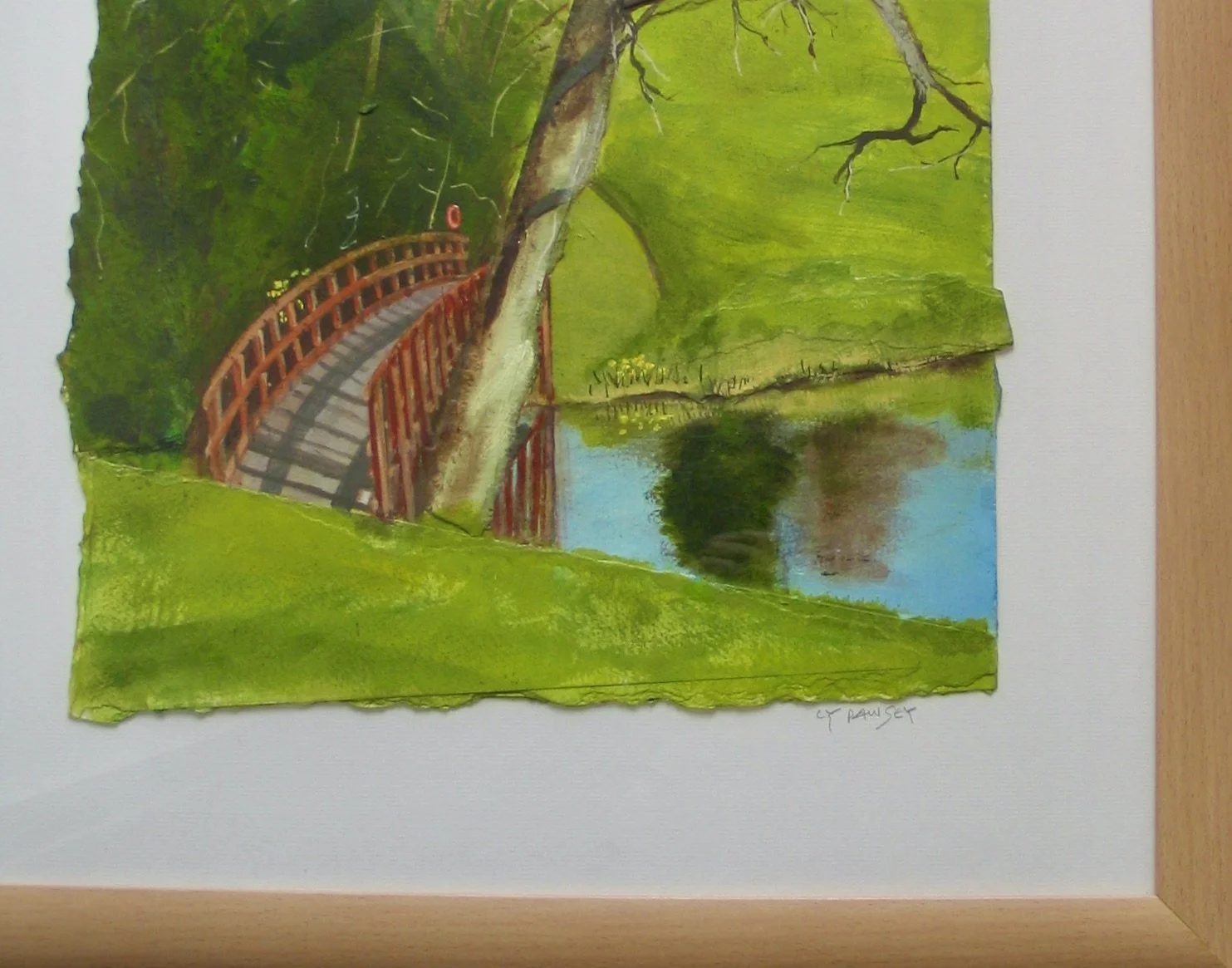 Original acrylic painting of bridge at Boughton Park by Cy Pawsey, detail