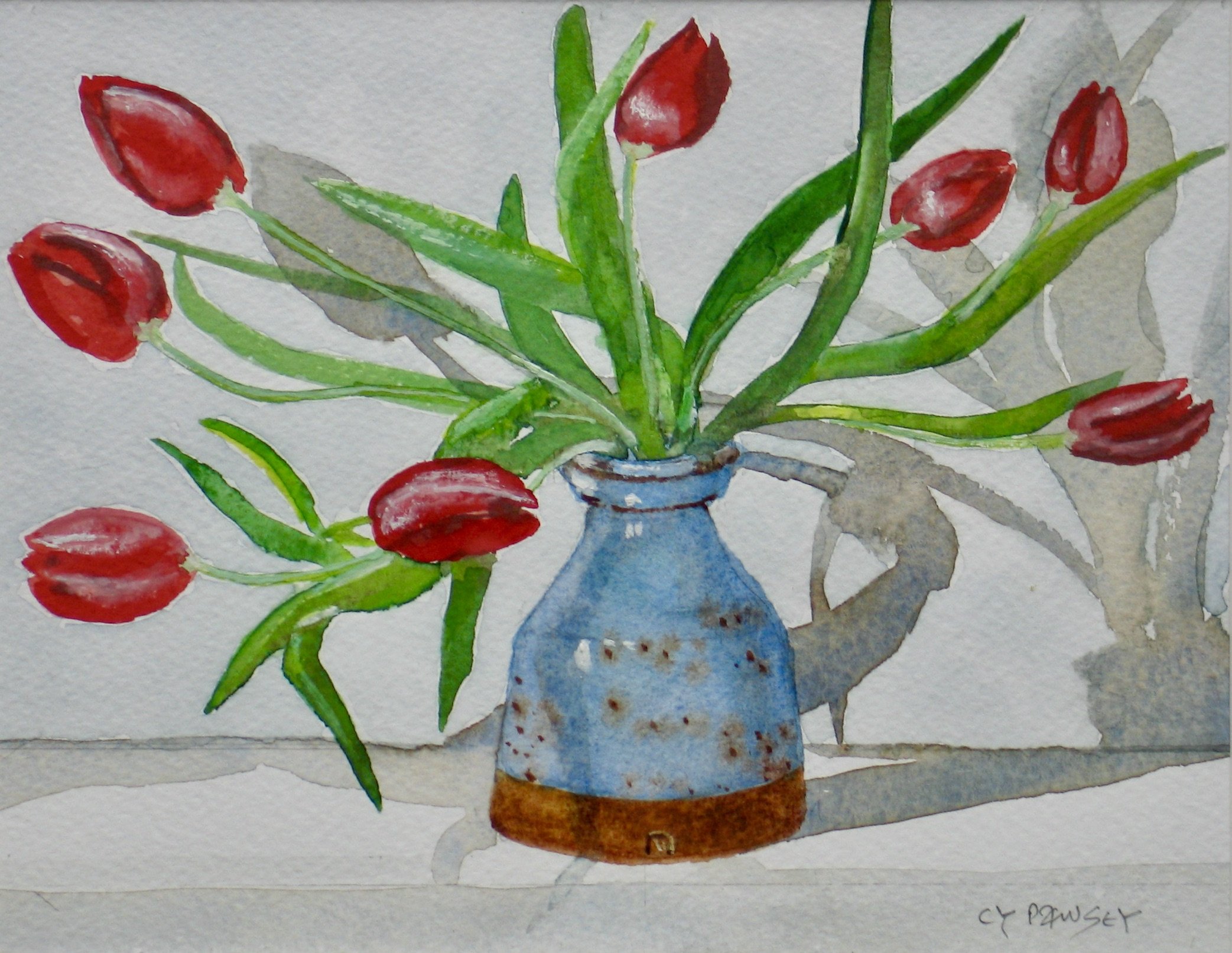 Tulips in a studio jug still life painting