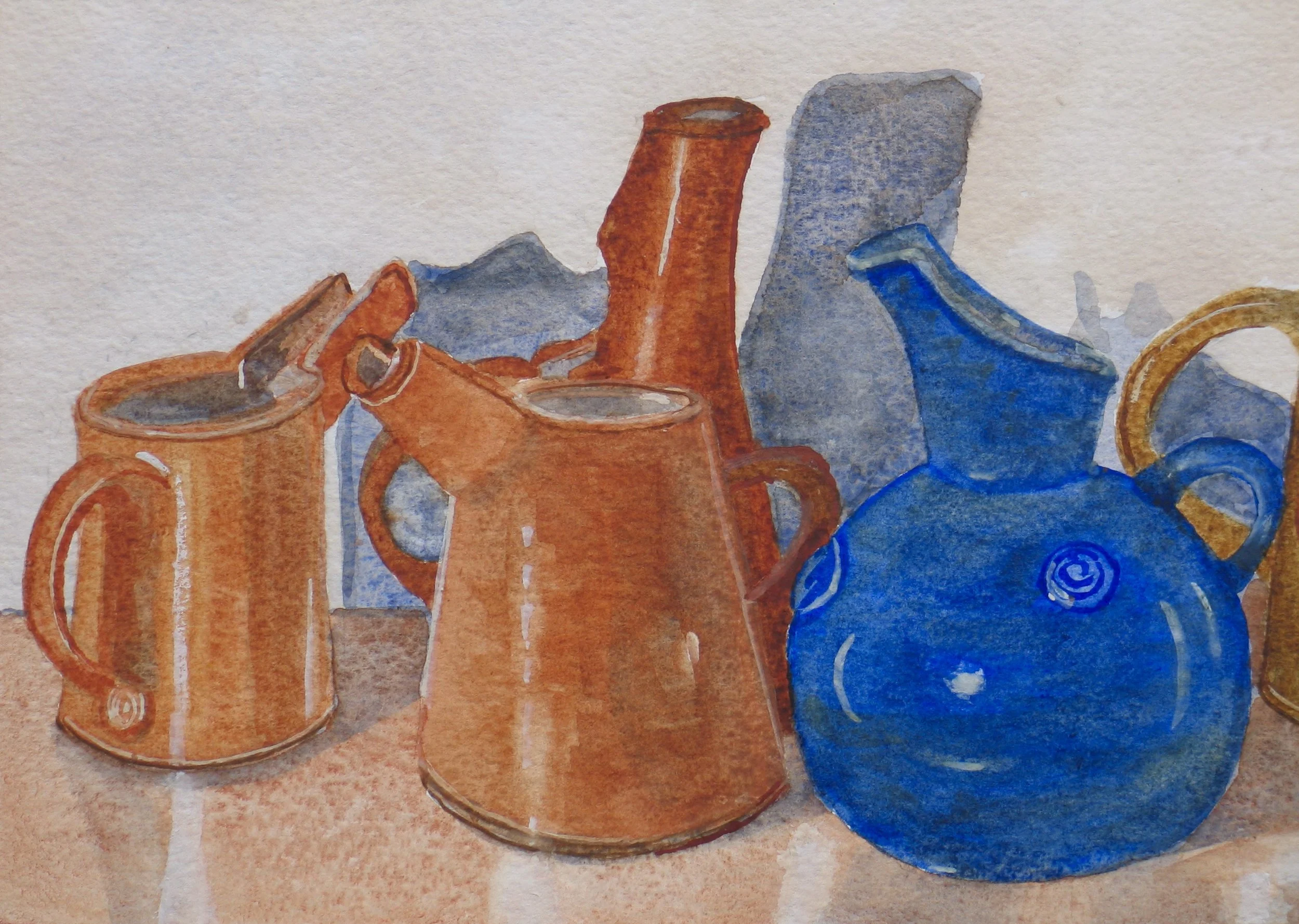 Watercolour painting of Sheila Casson studio pots, detail