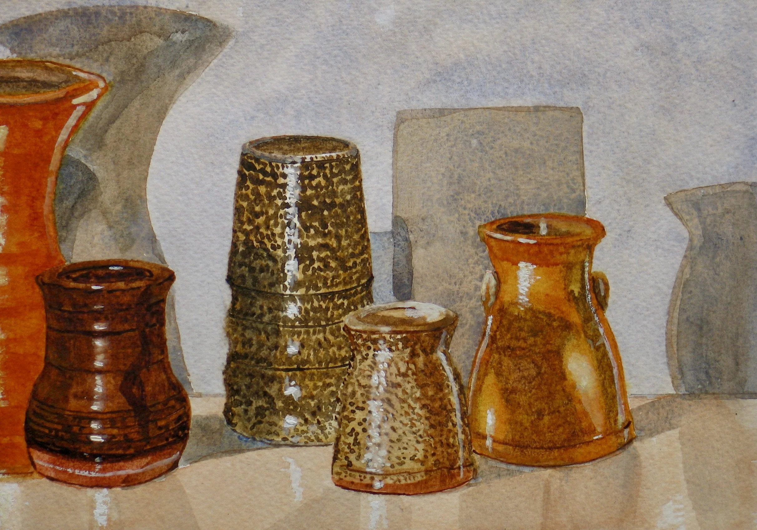 Watercolour painting of five studio pots, detail