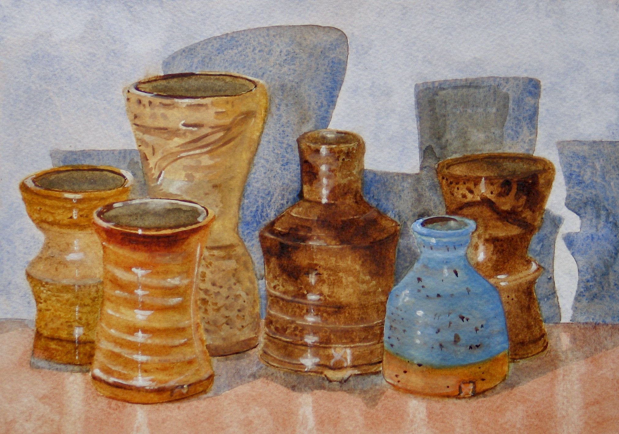 Six pots after Morandi, watercolour by Cy Pawsey