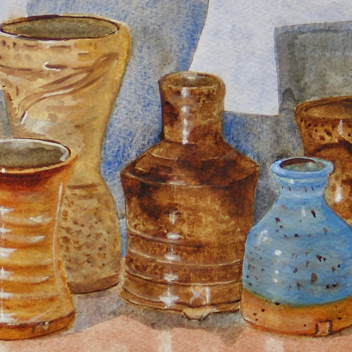 Original watercolour painting with six pots by Mick Casson