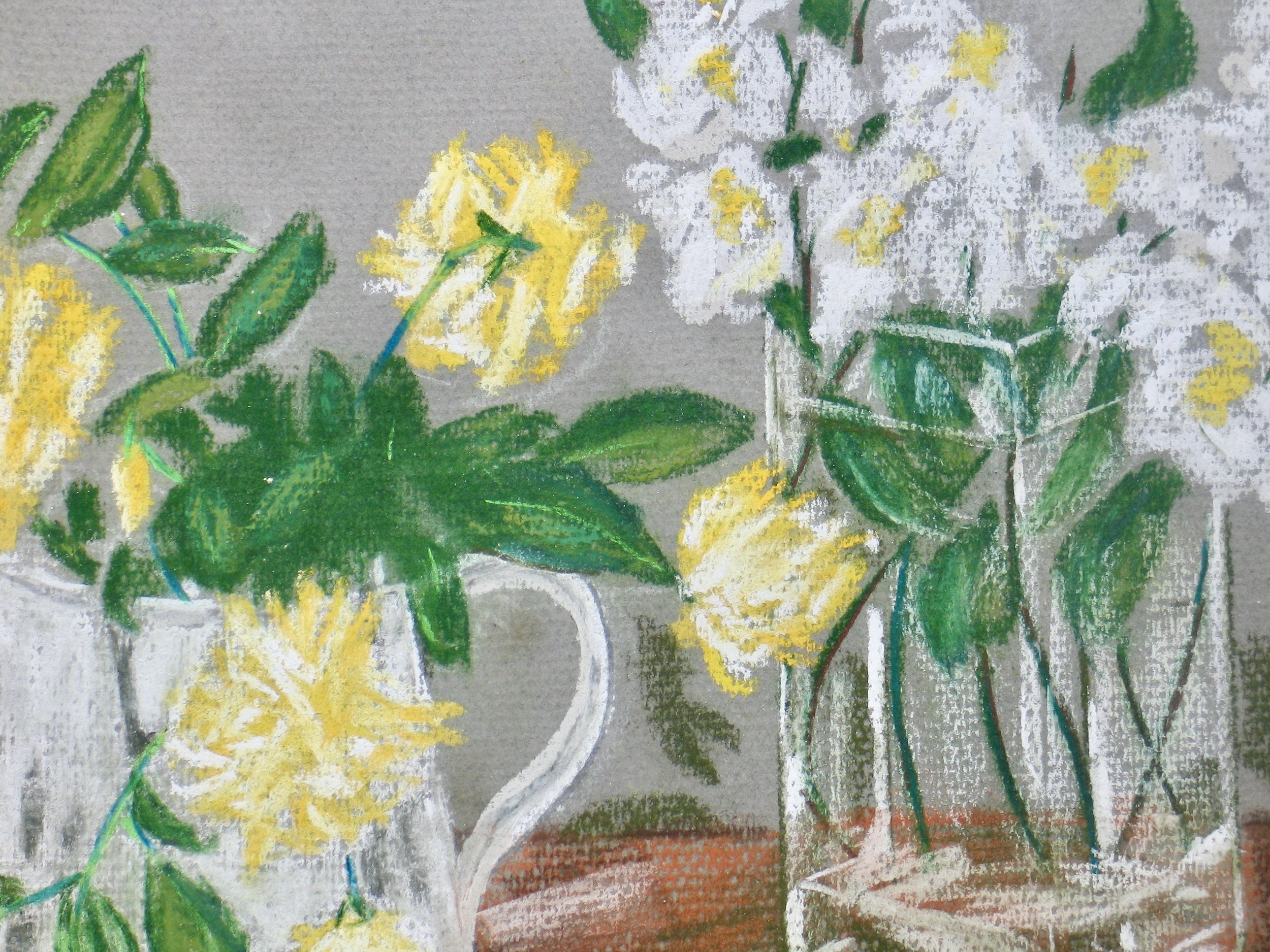 Pastel painting of roses in a jug and a vase, detail