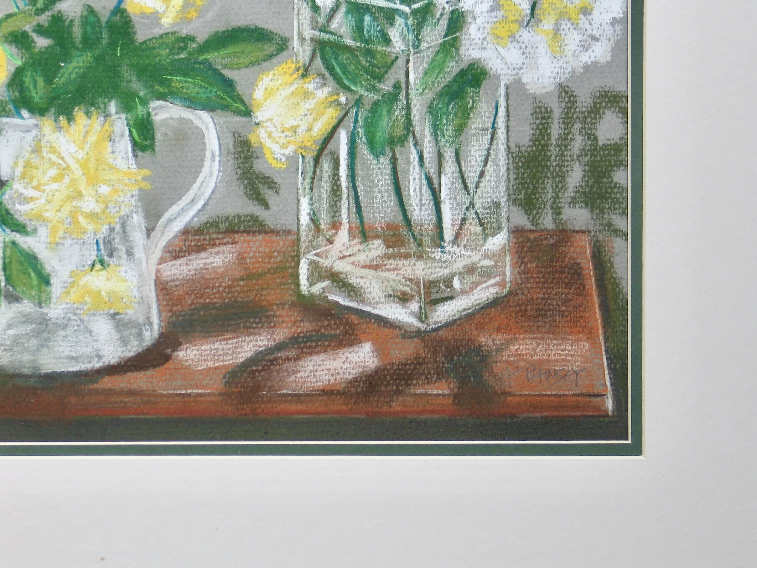 Pastel painting of flowers in a jug and a vase by Cy Pawsey, detail