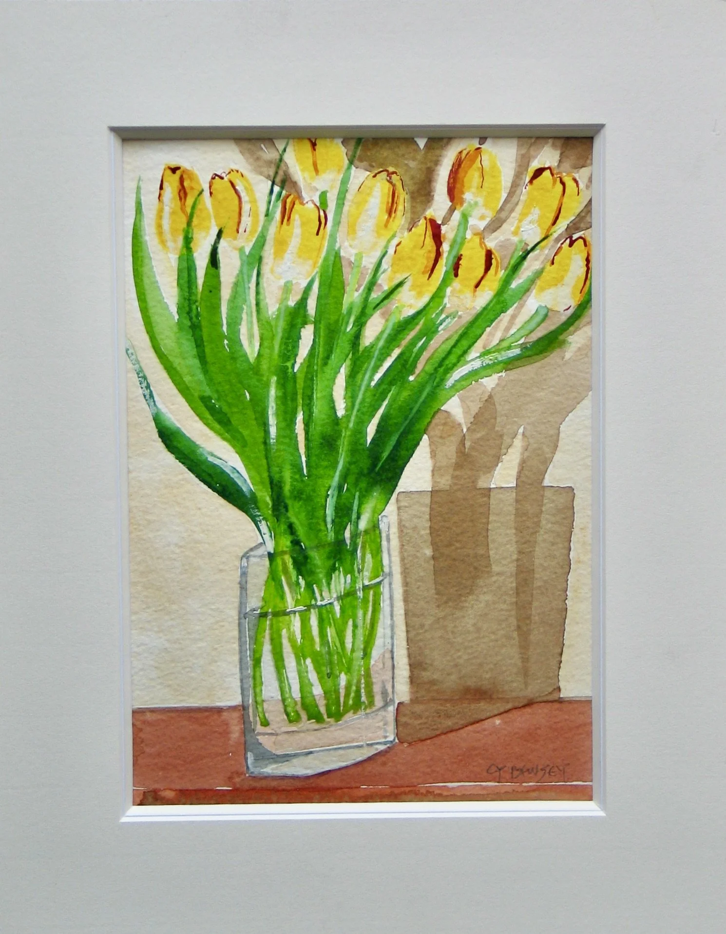 Watercolour painting of yellow tulips available from galeriecy