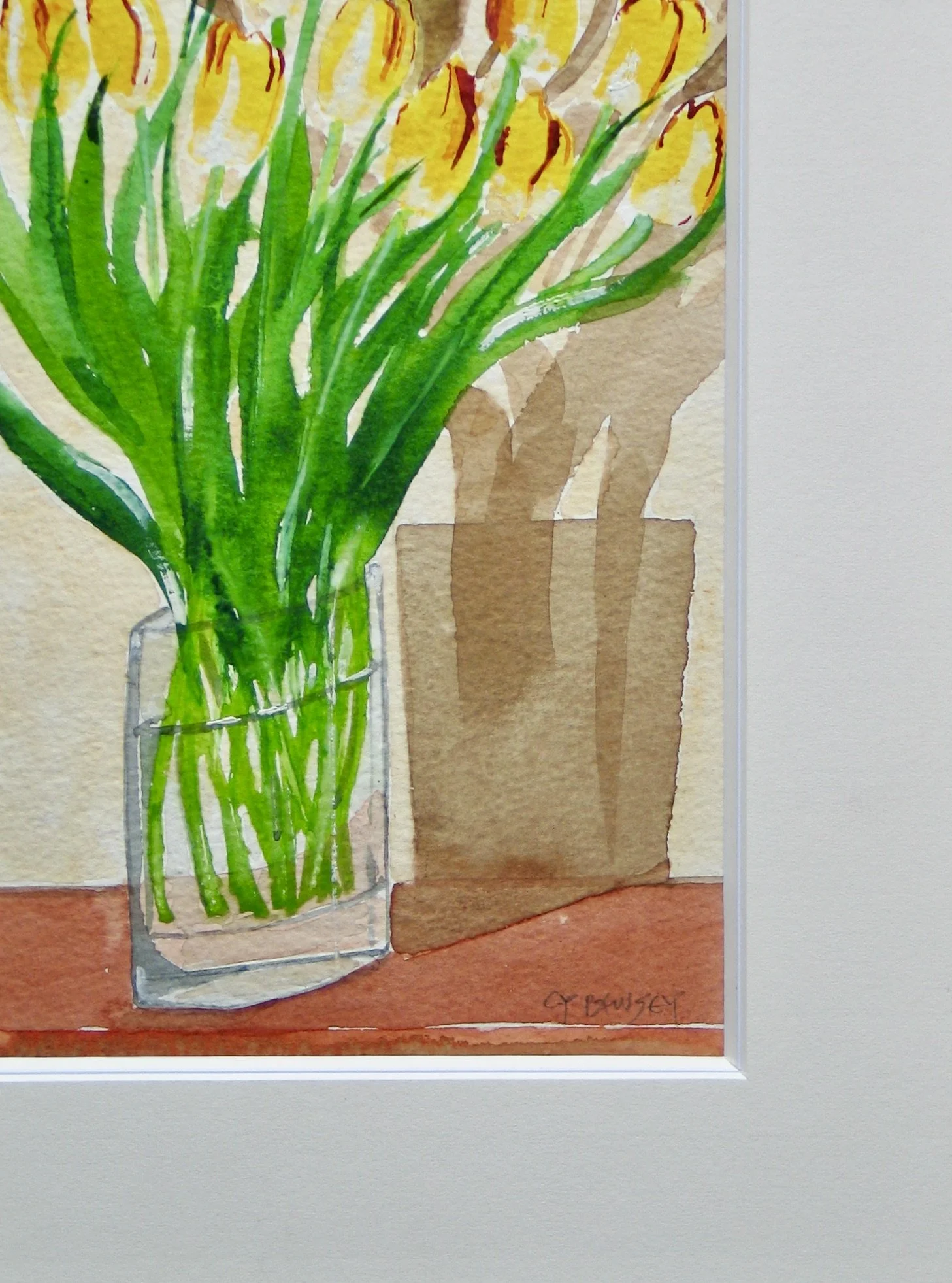 Glass vase with tulips by Cy Pawsey, detail