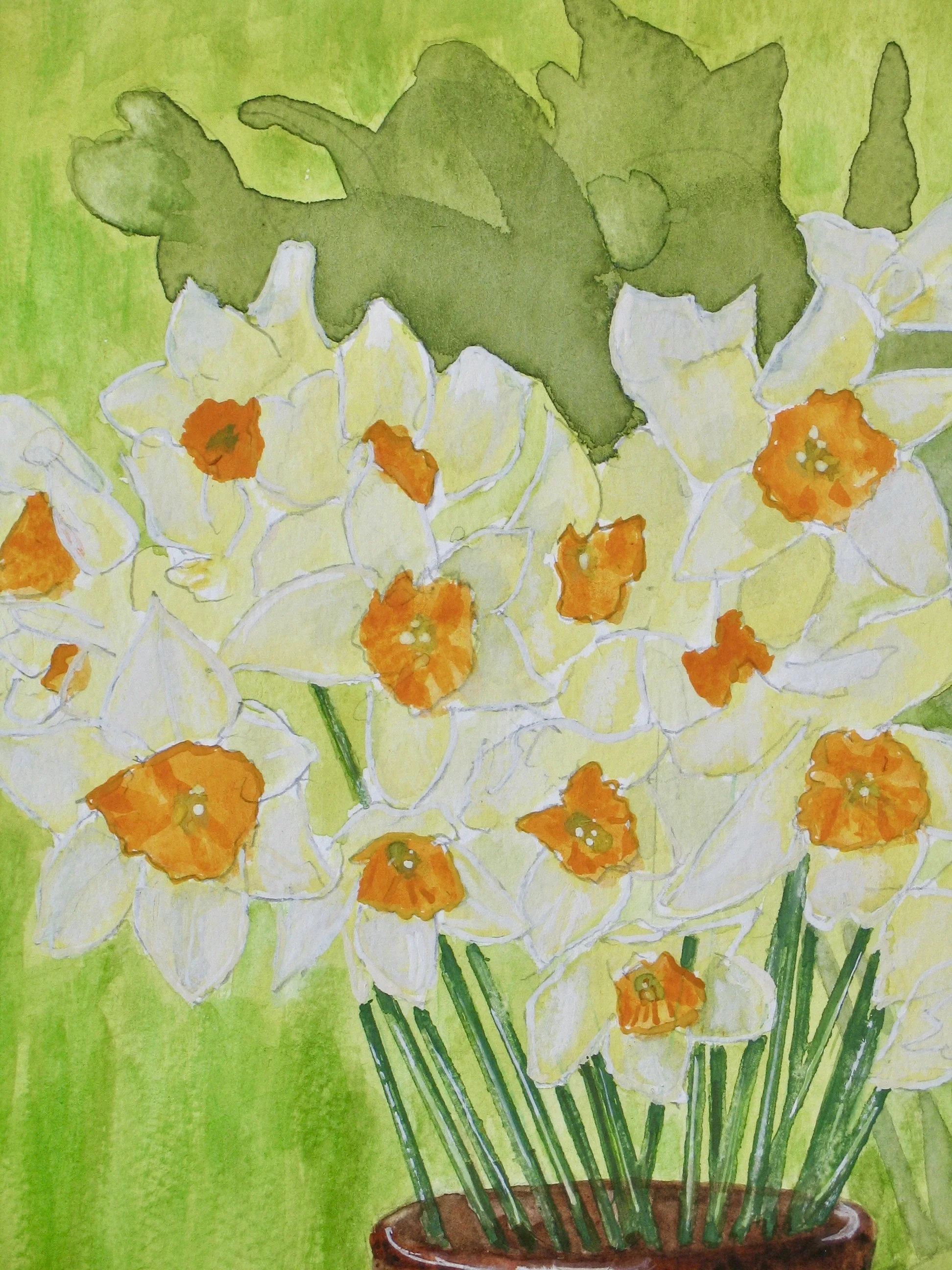 daffodils in watercolour - detail by Cy Pawsey