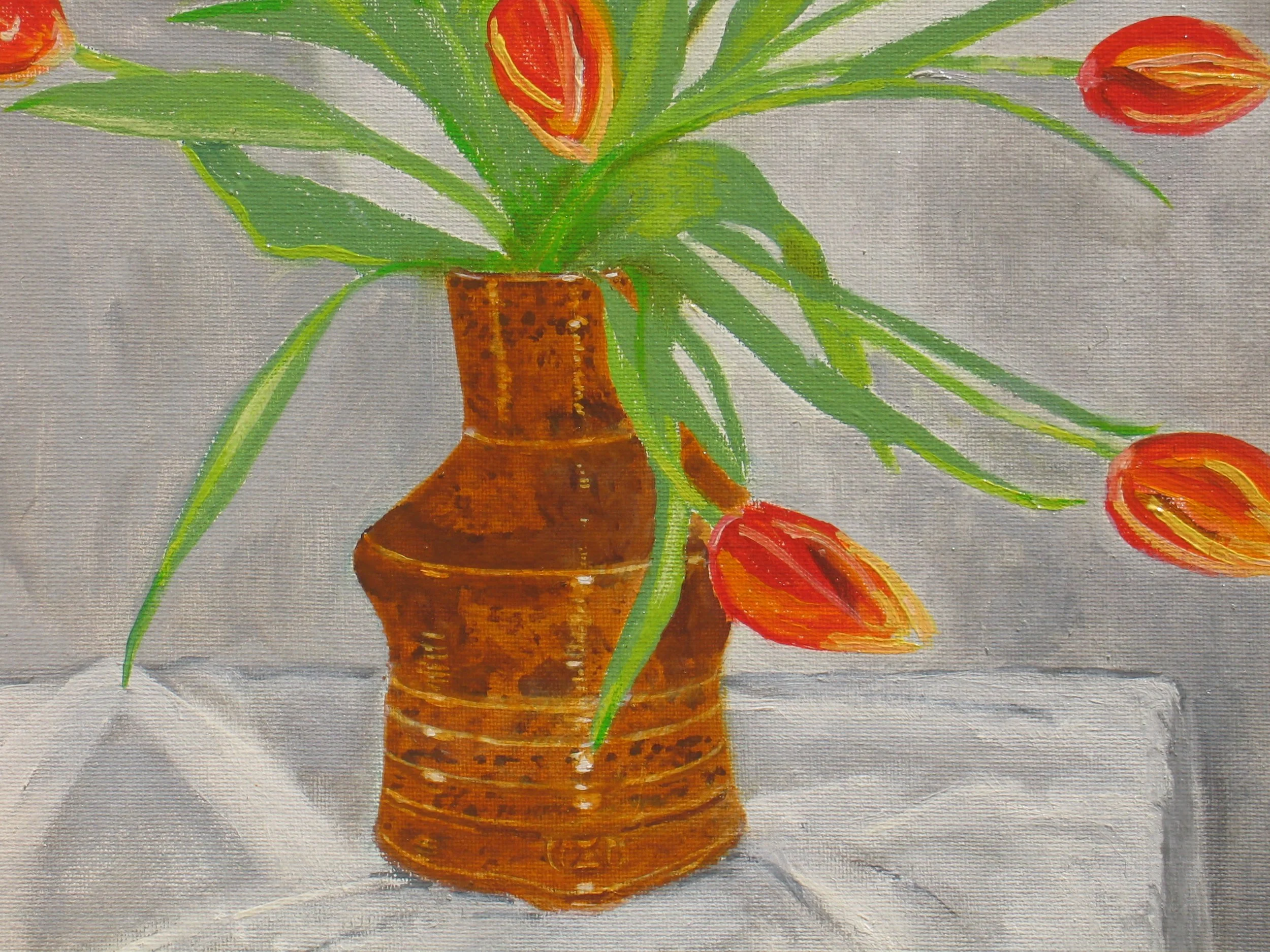 Studio pot with red tulips - oil painting by Cy Pawsey