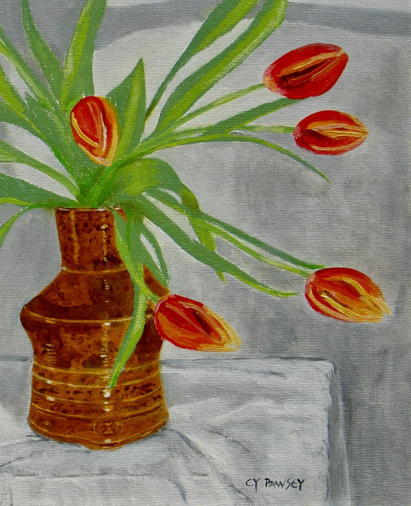 Red tulips flower painting in oil by Cy Pawsey