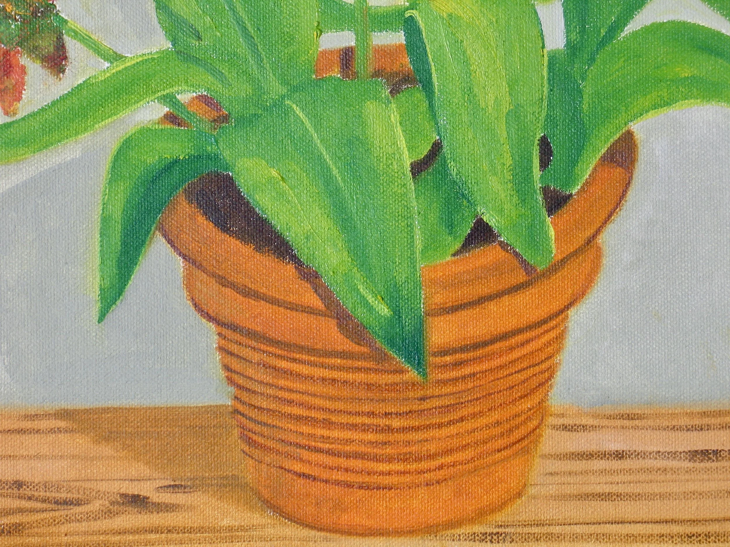Terracotta pot with tulips, detail from oil painting by Cy Pawsey
