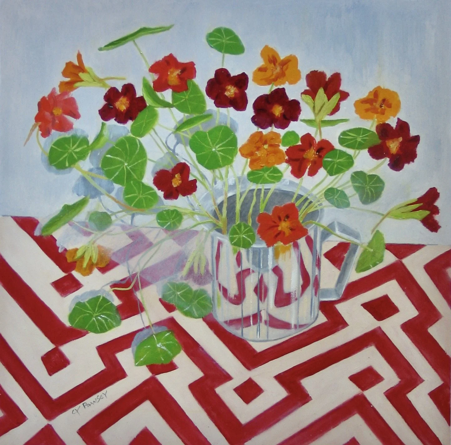 Stainless steel jug with nasturtiums by Cy Pawsey