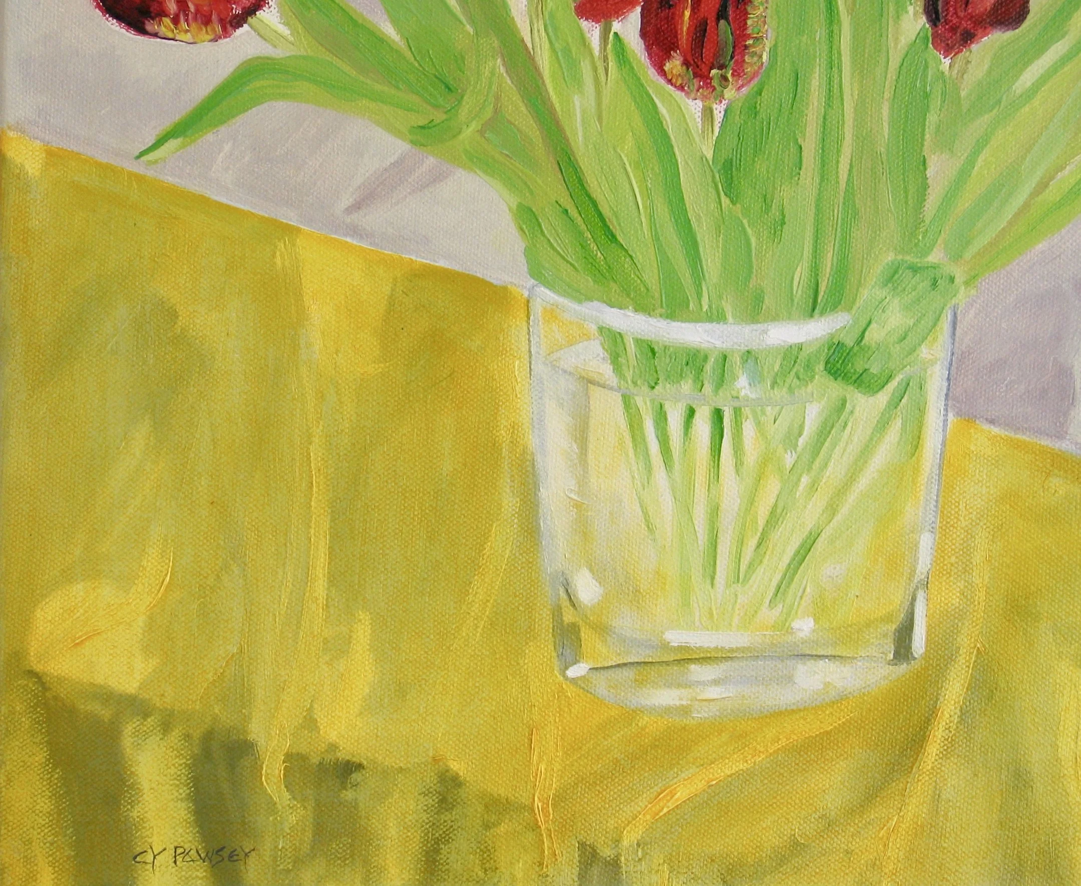 Elliptical glass vase with tulips by Cy Pawsey