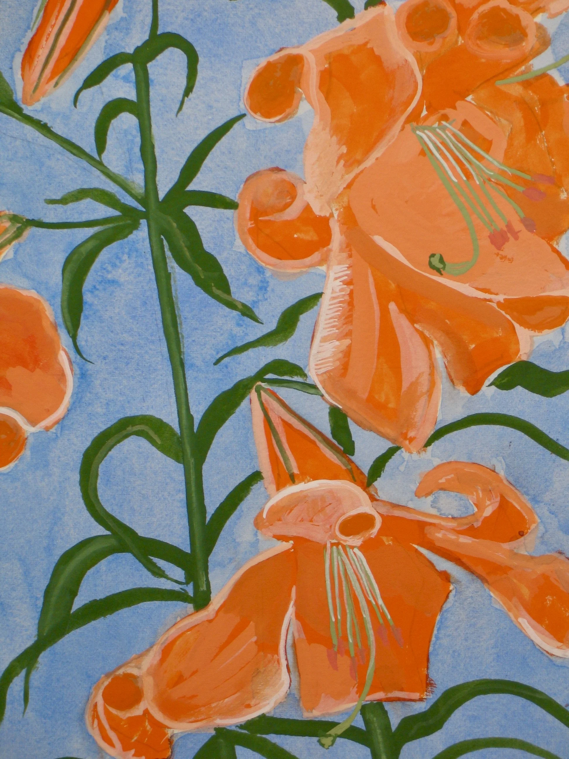Orange lily on blue background, gouache detail