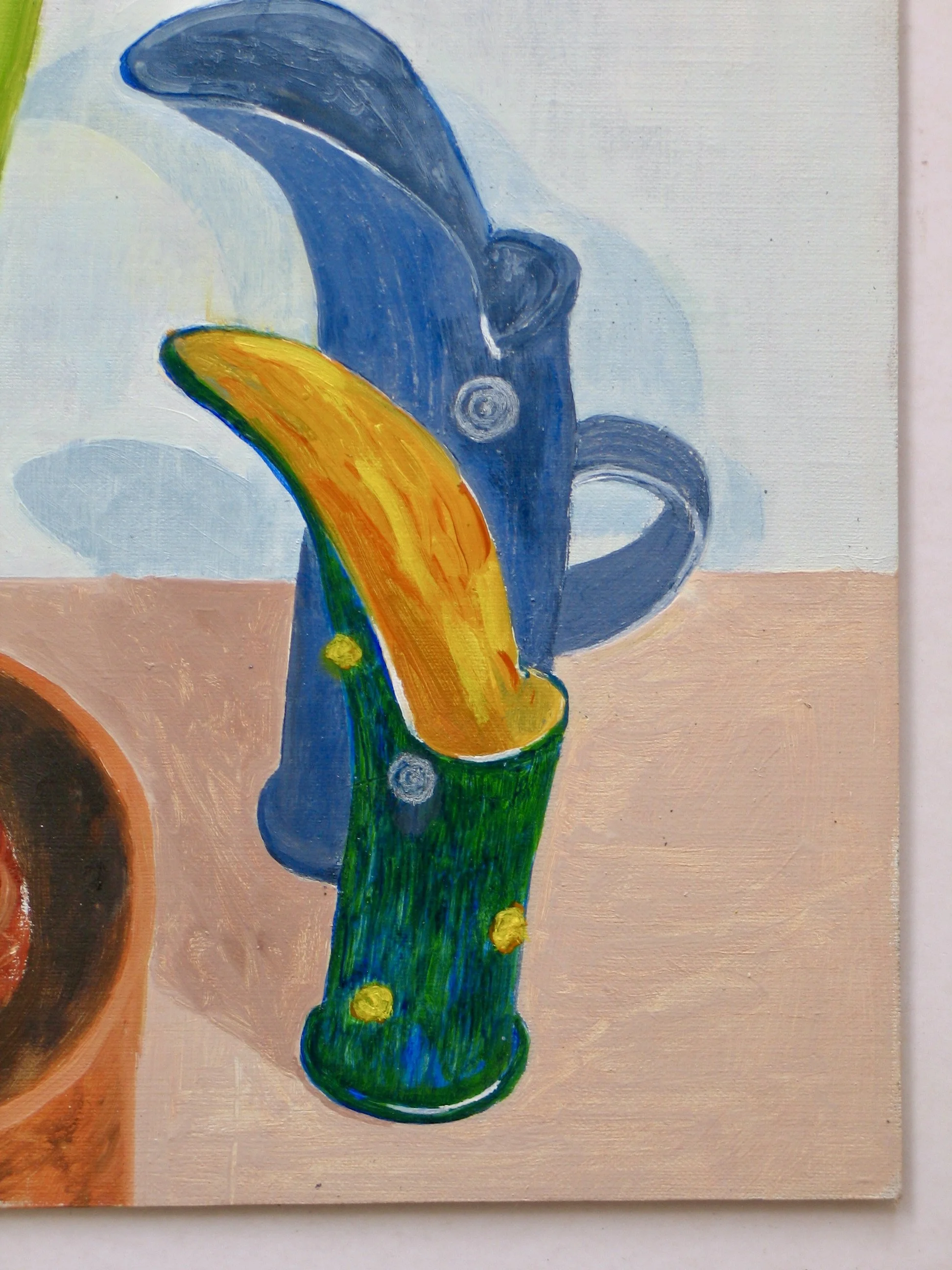 Amaryllis and three jugs oil painting, detail