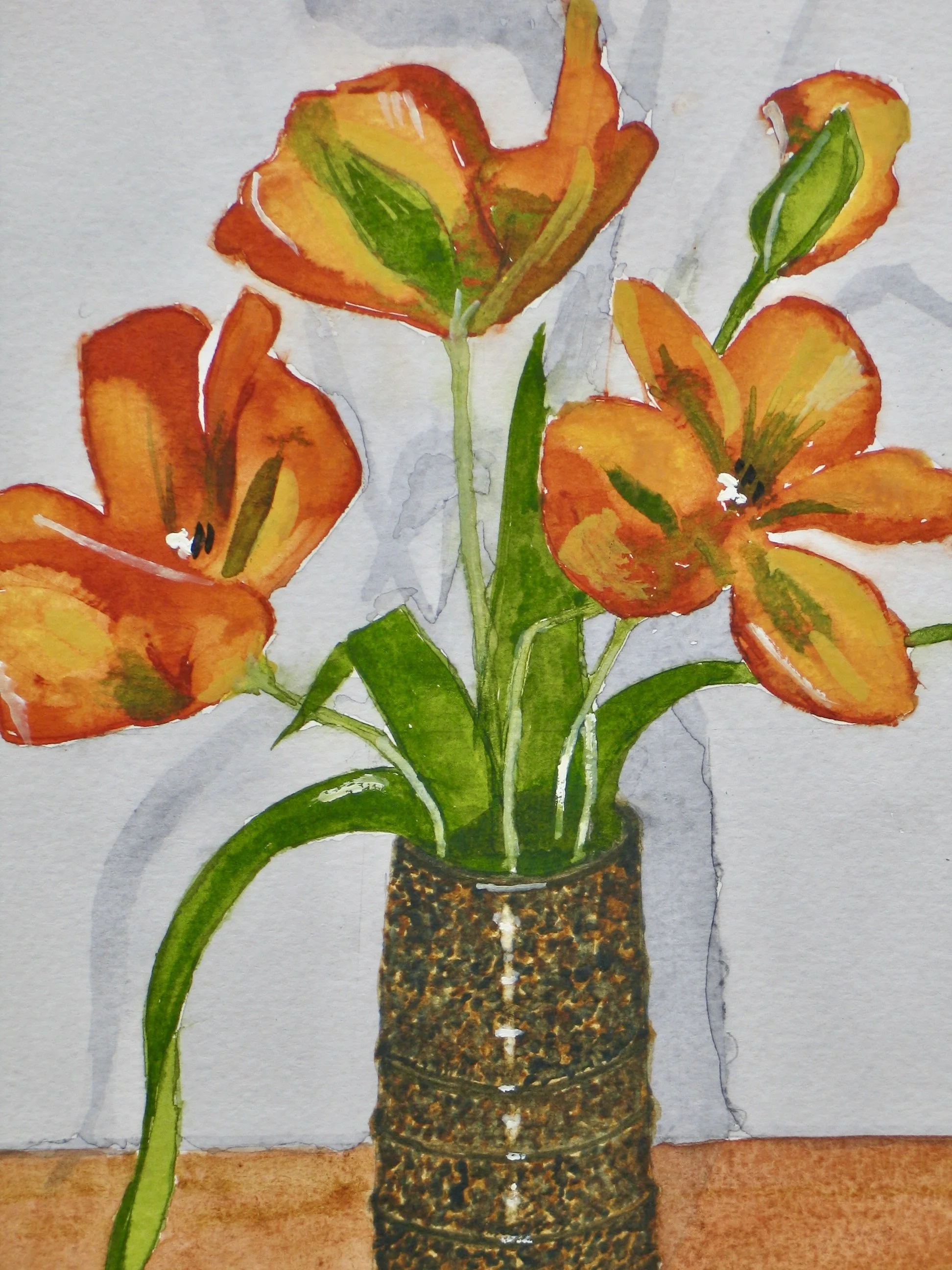 Watercolour painting of tulips in a studio vase, detail