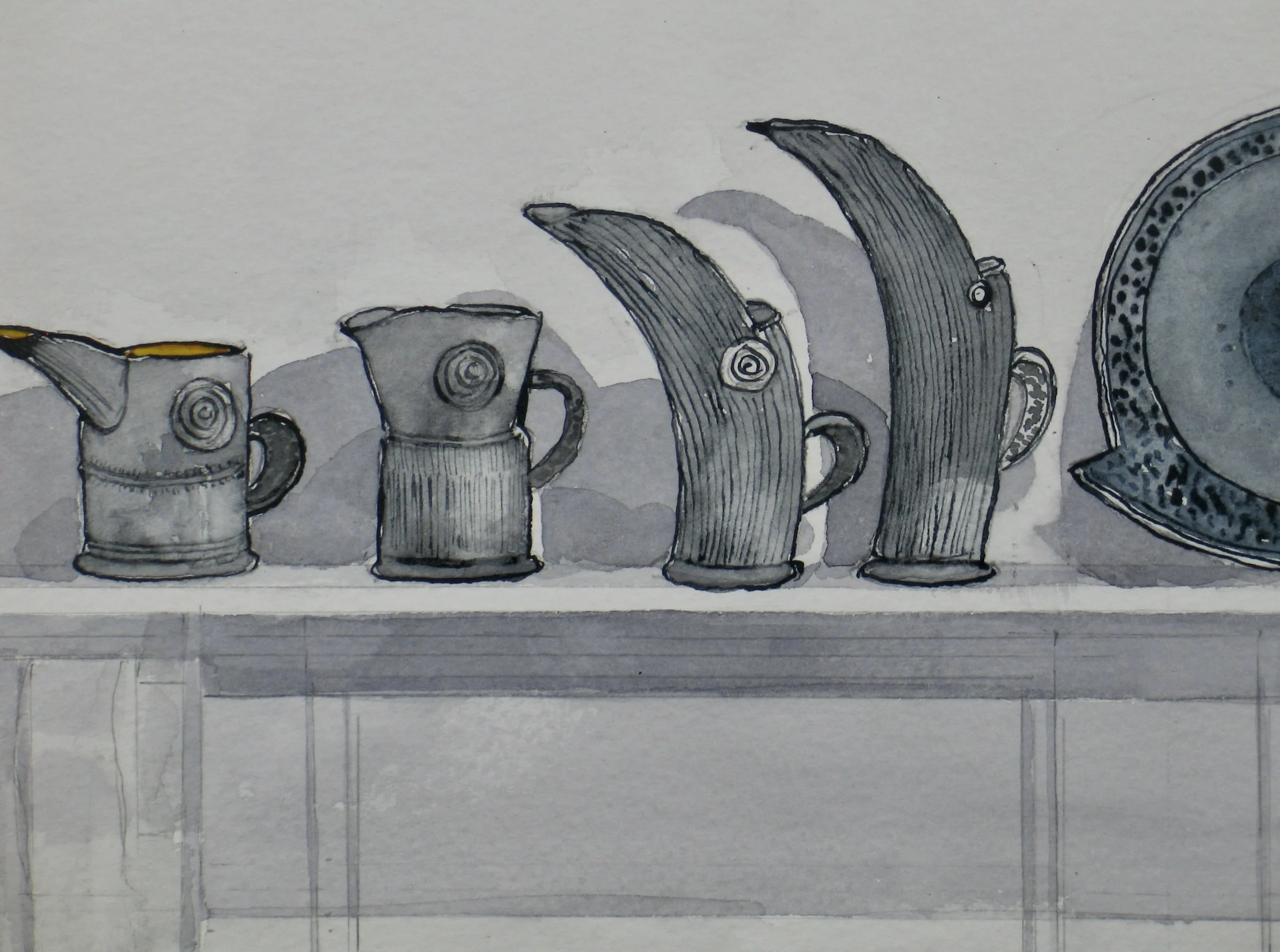 Pots on a mantelpiece, watercolour detail