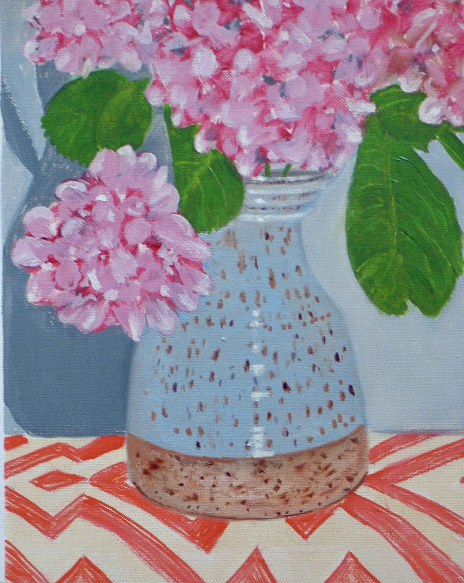 Hydrangea flowers in a studio pot, oil painting
