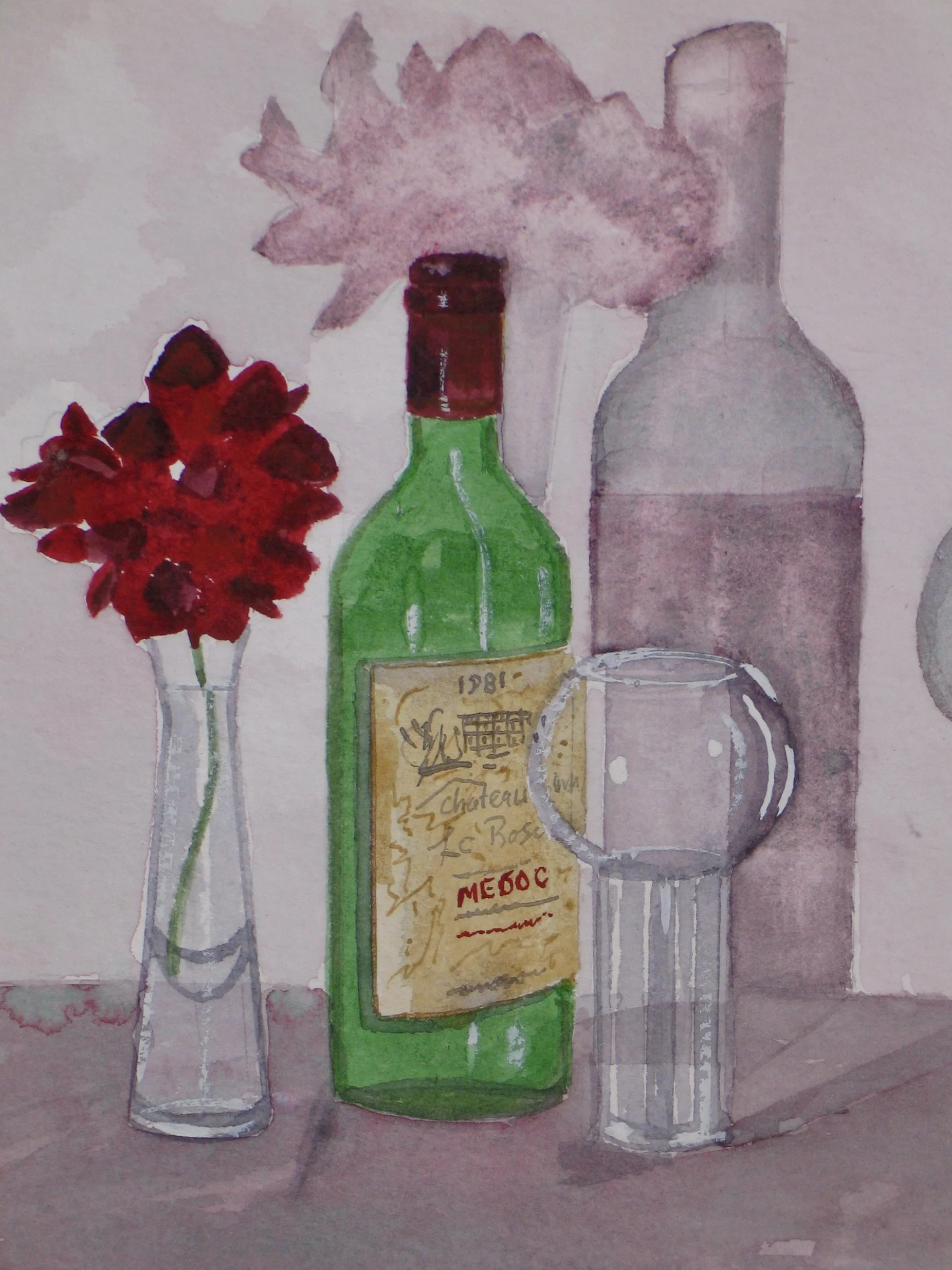 Vintage wine bottle with red geranium flower, watercolour painting