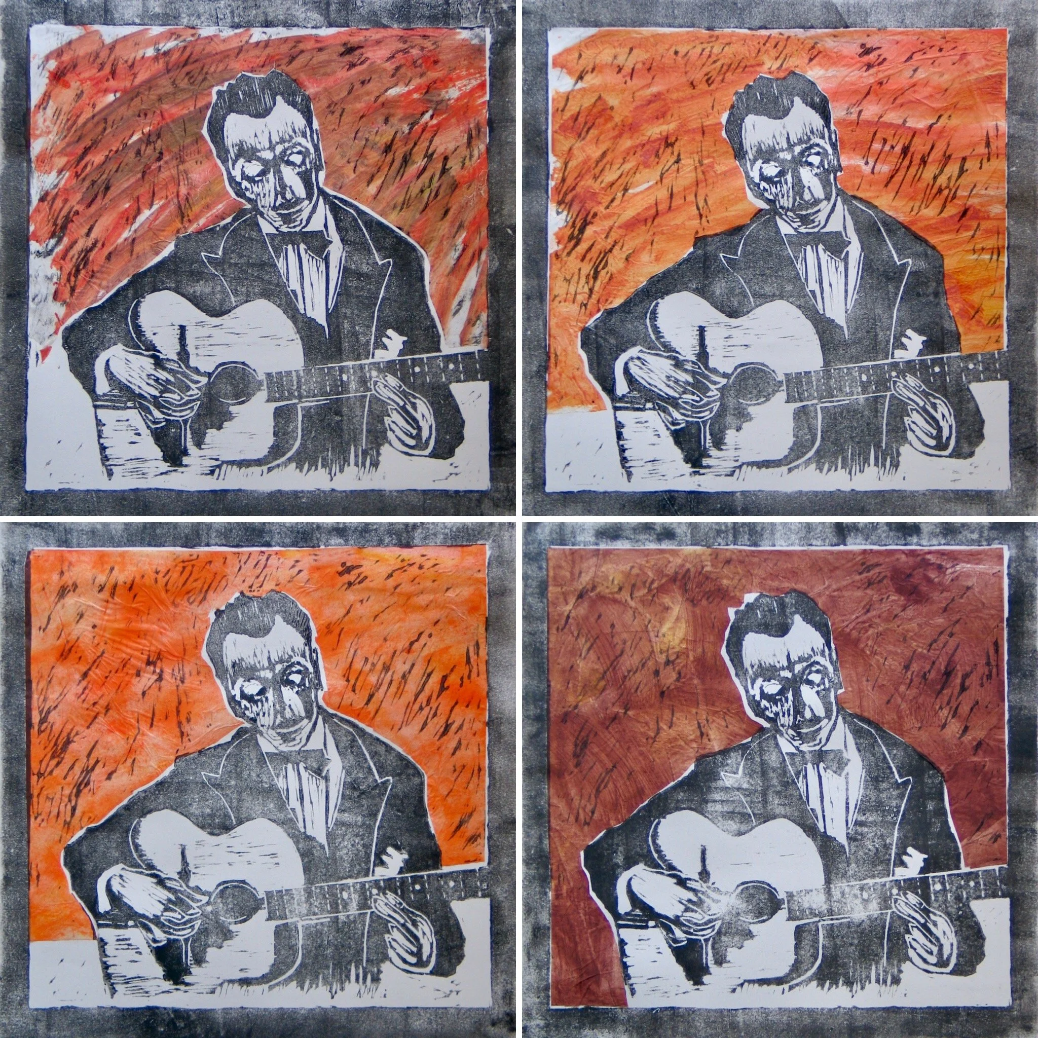 Four versions of a linocut print by Cy Pawsey