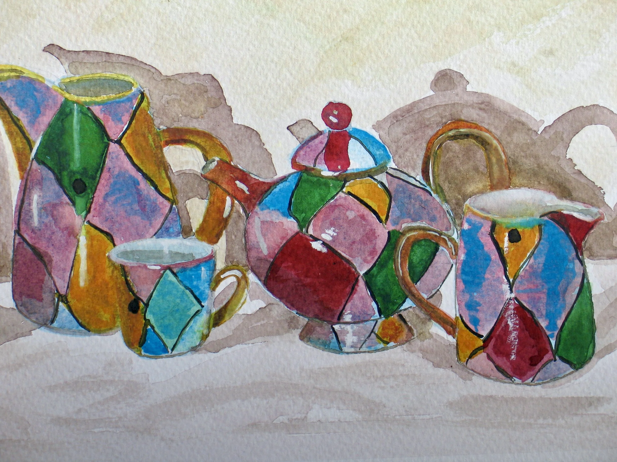 Vintage pot collection, watercolour painting by Cy Pawsey