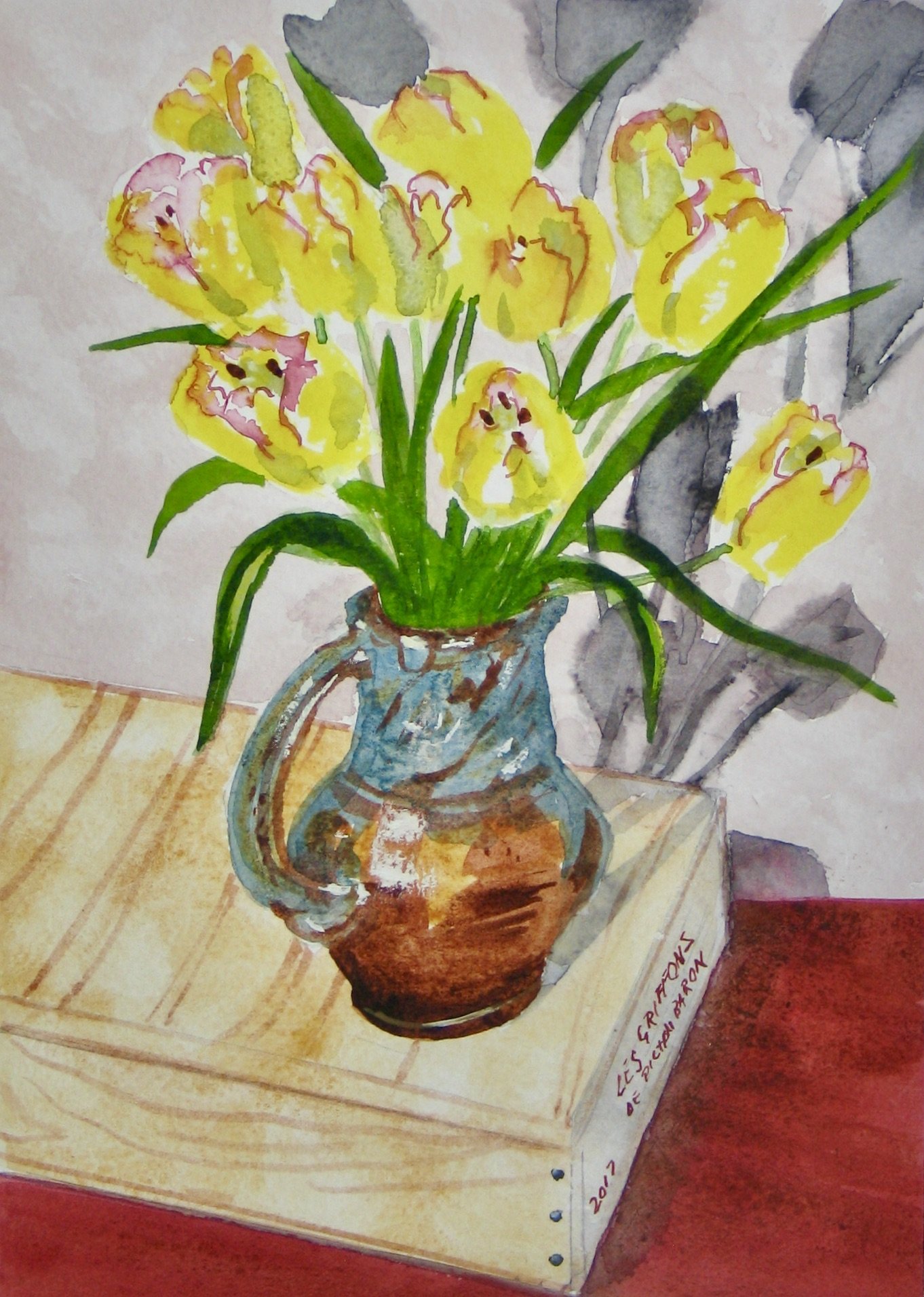 Studio jug with tulips, watercolour detail