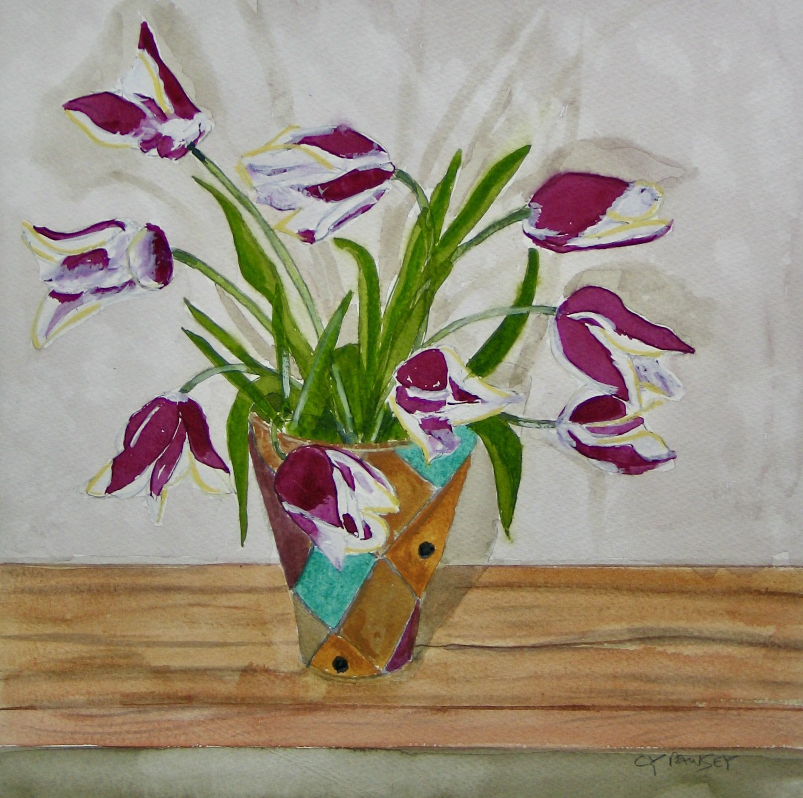 Tulips Gavota in a Dartington vase, watercolour painting by Cy Pawsey