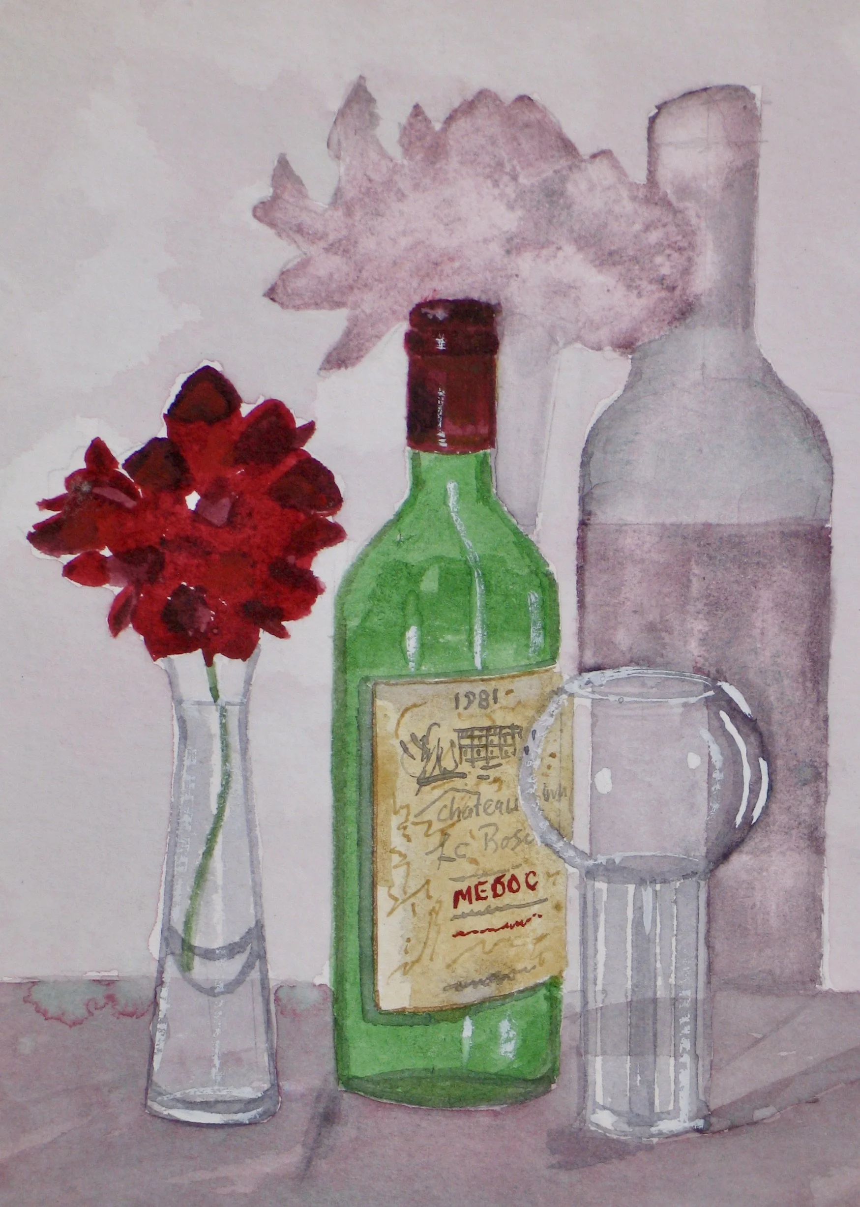 Geranium flower with bottle and glass, watercolour painting