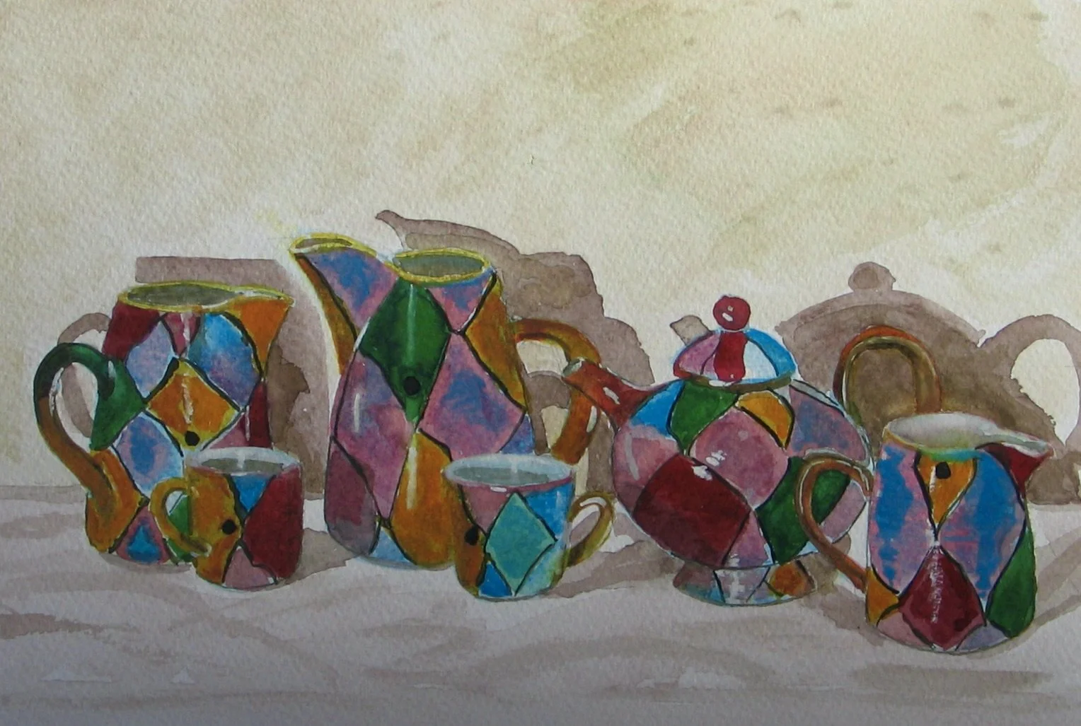 "Quilt" design pots by Petra Tilley, watercolour painting by Cy Pawsey