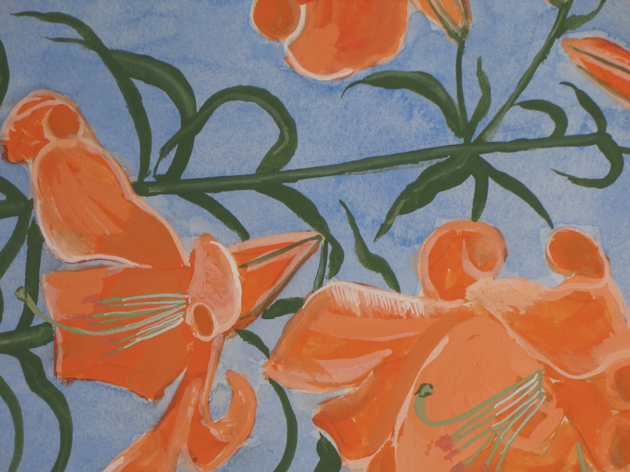 Detail, orange lily flower gouache painting by Cy Pawsey