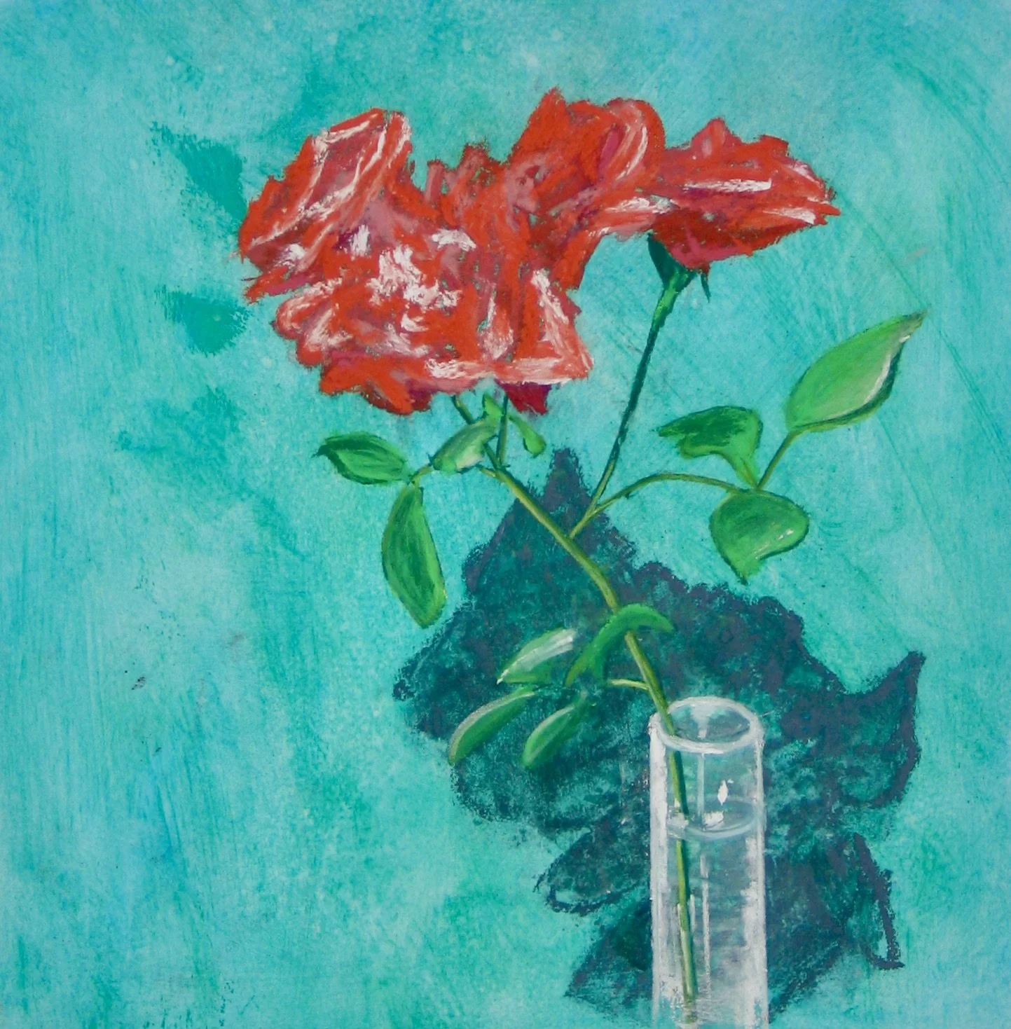 Red rose in a stem vase, pastel painting by Cy Pawsey at galeriecy.com