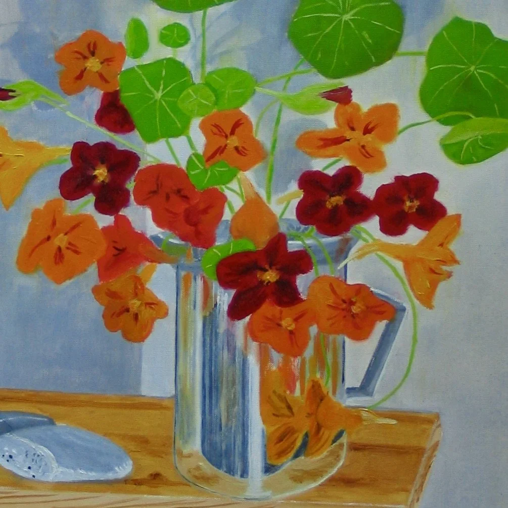 Stainless steel jug with nasturtium flowers - oil painting