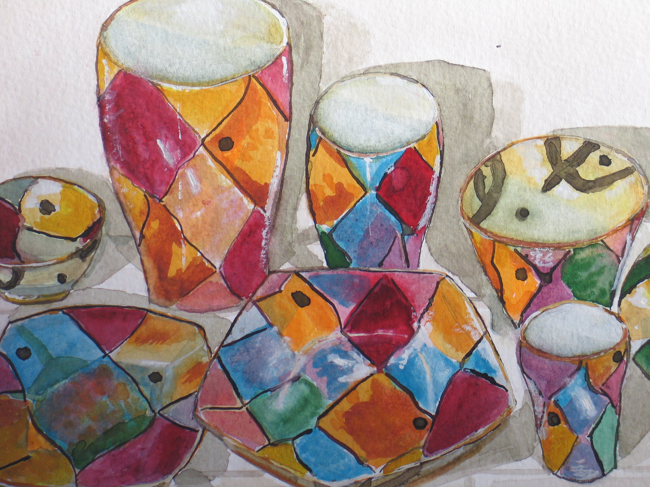 Vintage Dartington pots, watercolour detail