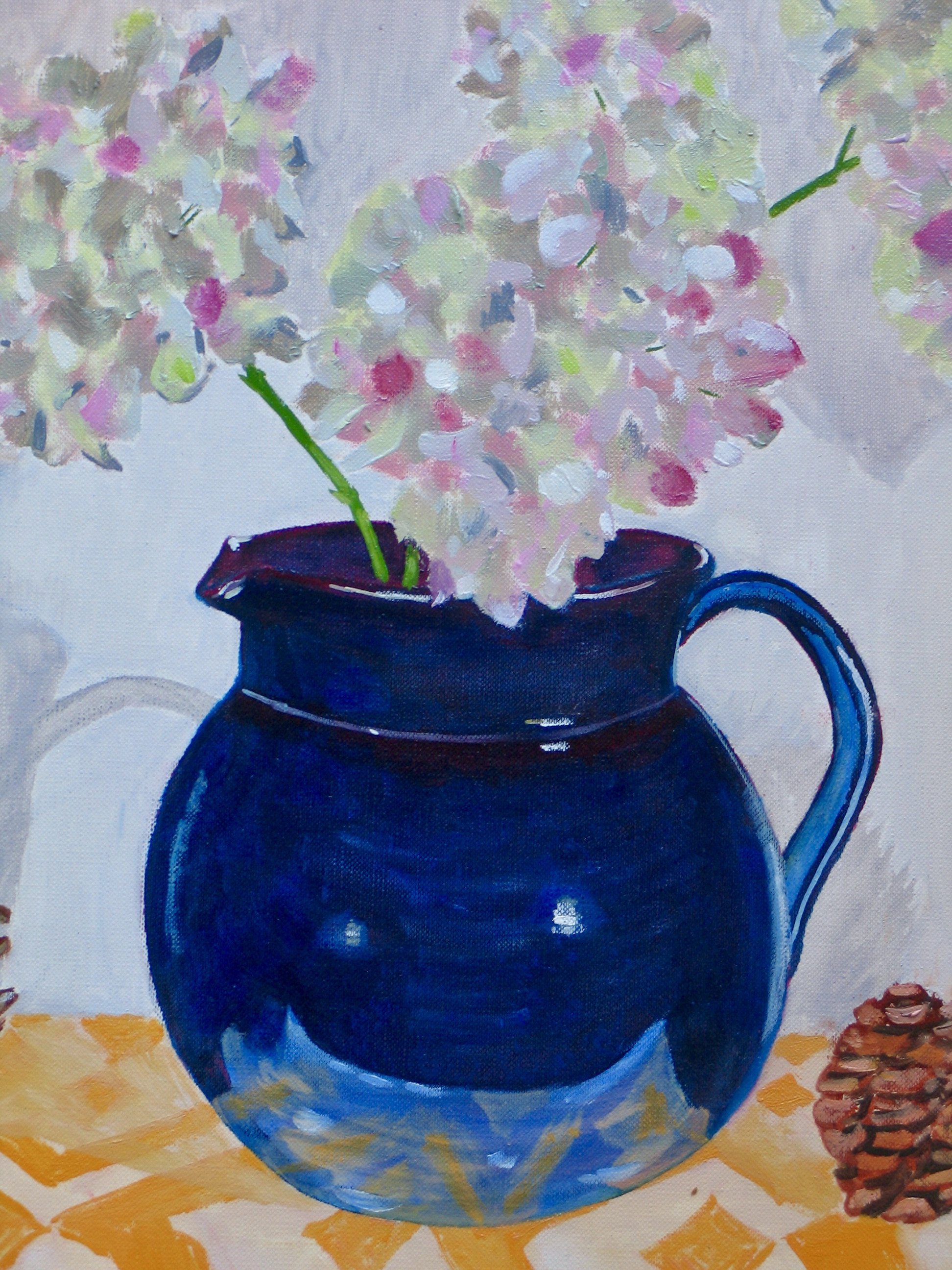 Still life oil painting of jug, flowers and cones at galeriecy.com