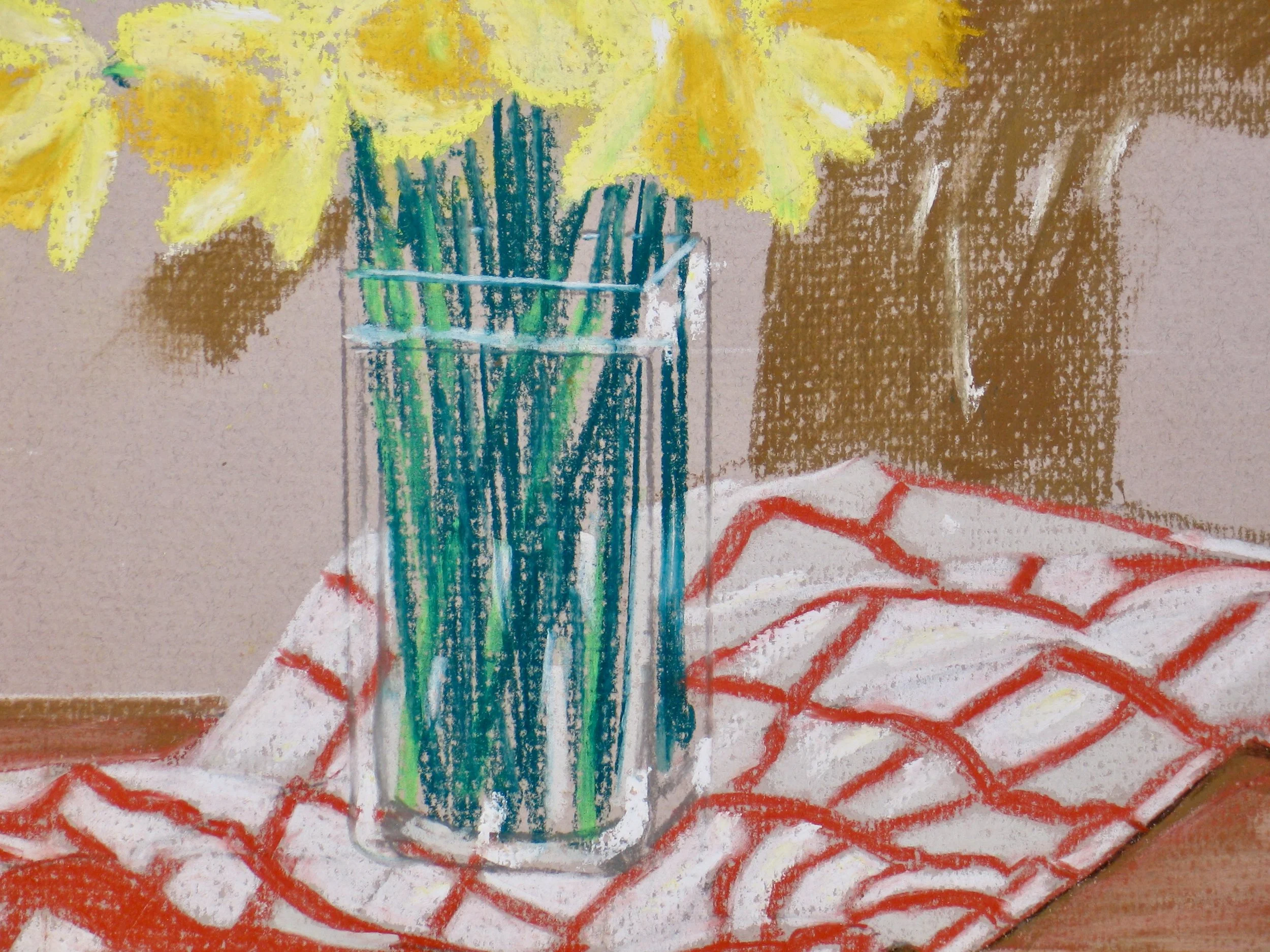 Still life painting of spring daffodils in a glass vase, detail