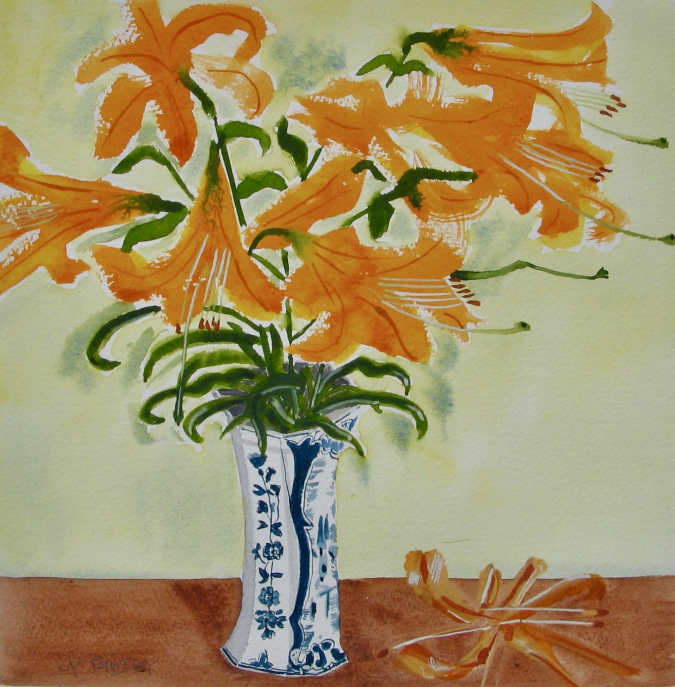 Orange lilies in a Delft vase, original watercolour by Cy Pawsey