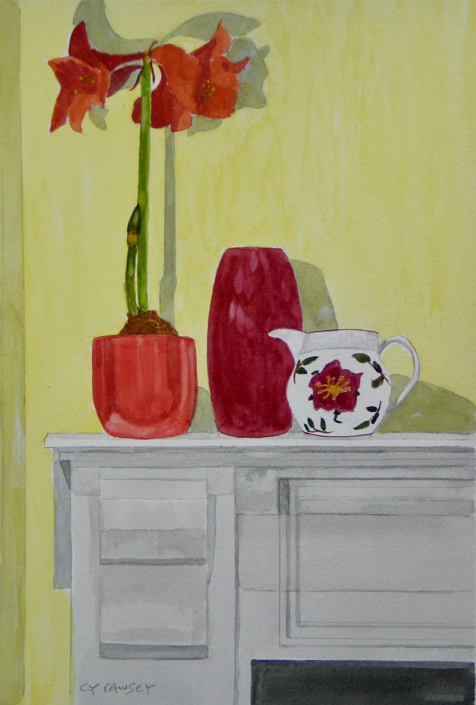 Mantelpiece study with amaryllis flower, watercolour