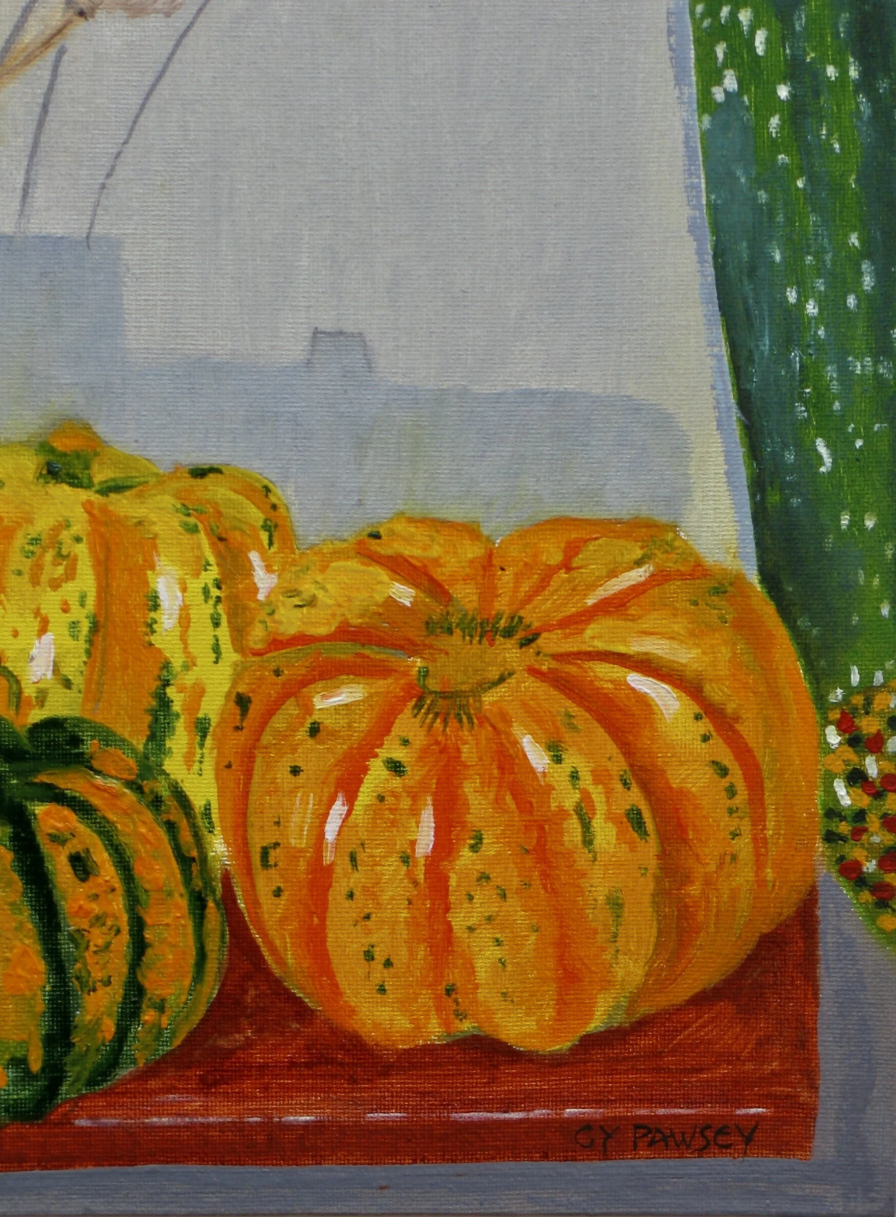 Three gourds in a still life painting, detail