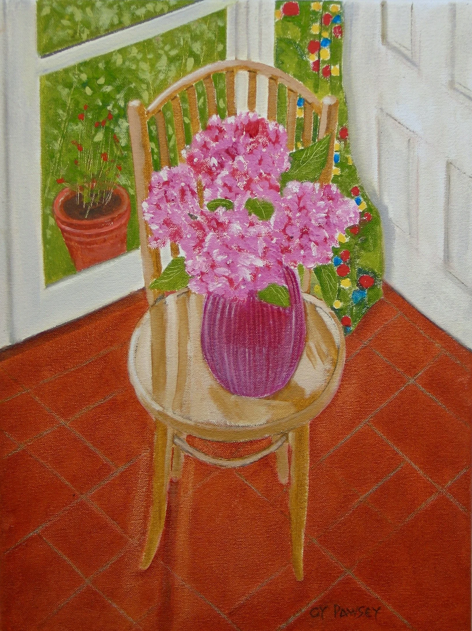 Hydrangeas on a bentwood chair. Original oil painting by Cy Pawsey
