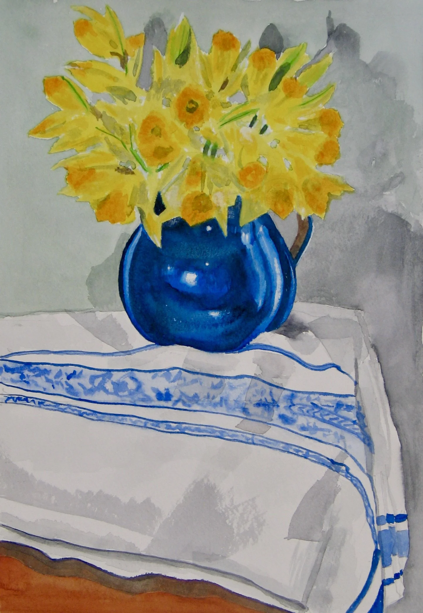 Blue jug with daffodils watercolour by Cy Pawsey at galeriecy.com