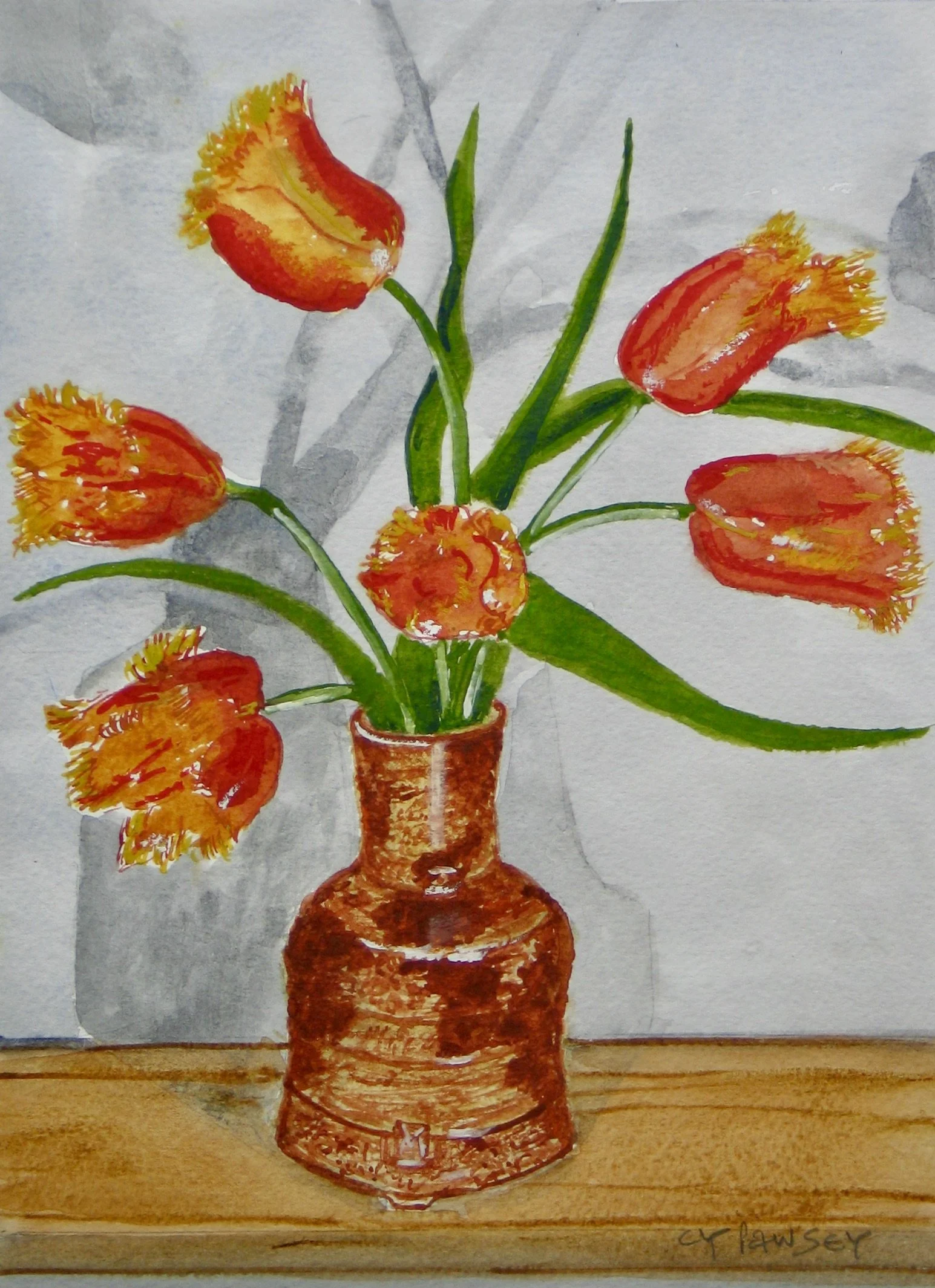 Tulips in a studio pot, watercolour painting by Cy Pawsey