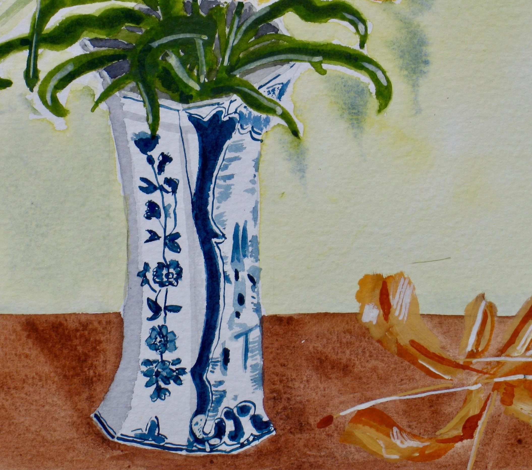 Vintage Delft vase with lilies, detail